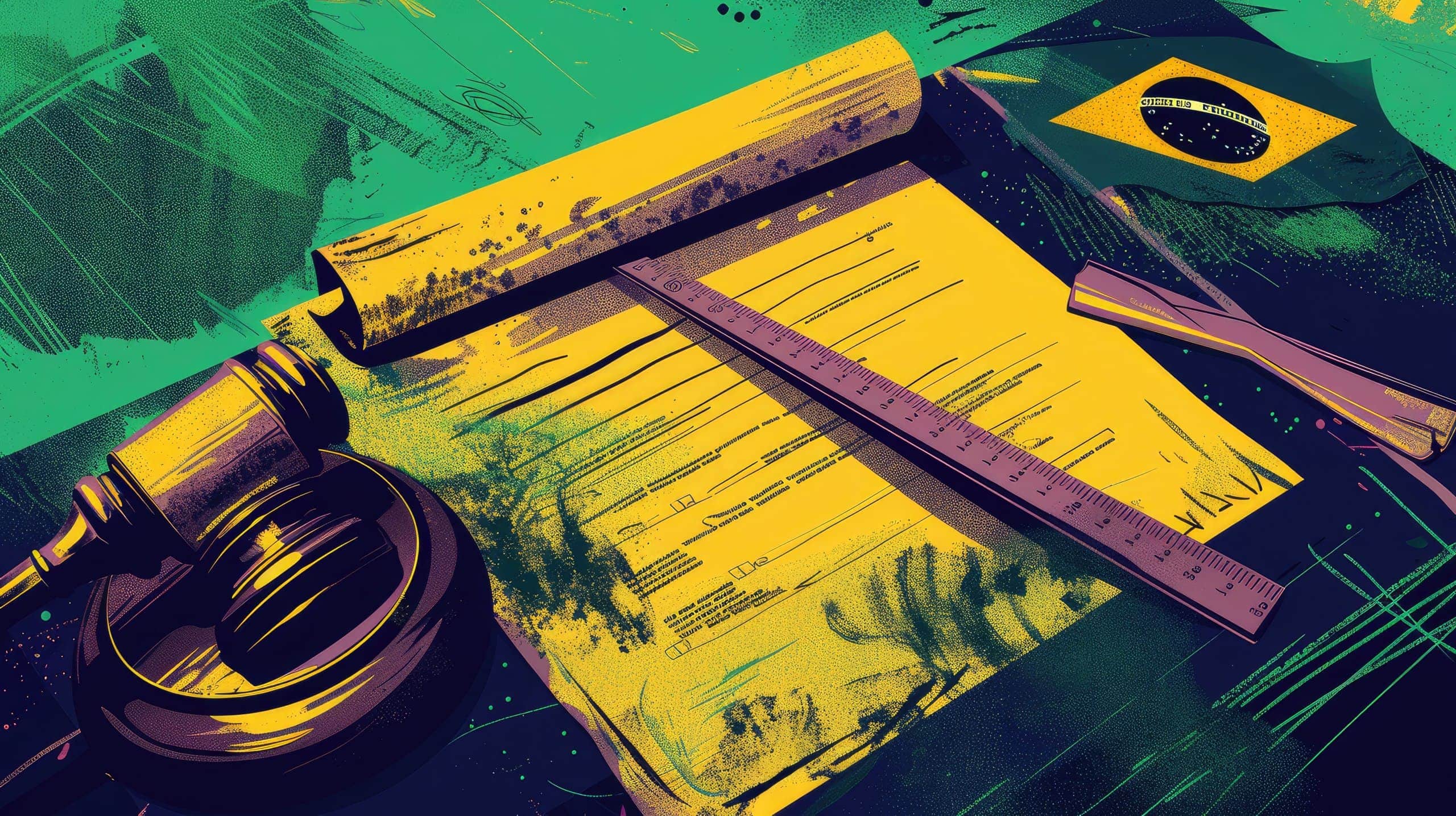 um documento legal aberto com uma régua e a bandeira do Brasil ao fundo, transmitindo a ideia de um guia completo sobre as regulamentações para Ongs no Brasil.