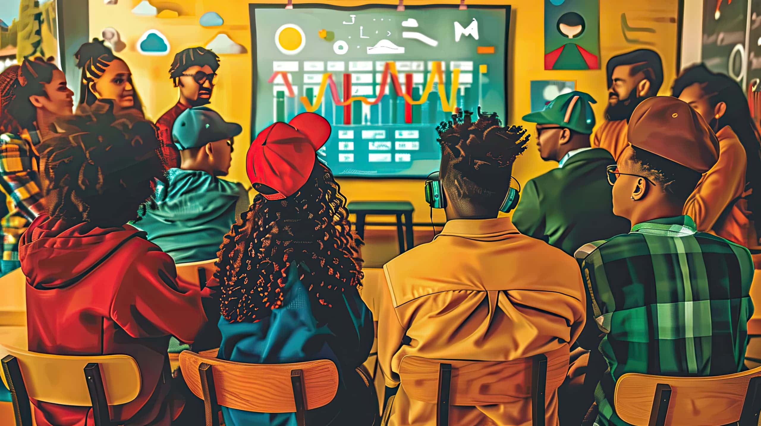 Um grupo de pessoas atentas em uma sala de treinamento, com um instrutor apresentando gráficos, planilhas e estratégias em um quadro branco ou tela digital, destacando a importância da capacitação para projetos sociais.