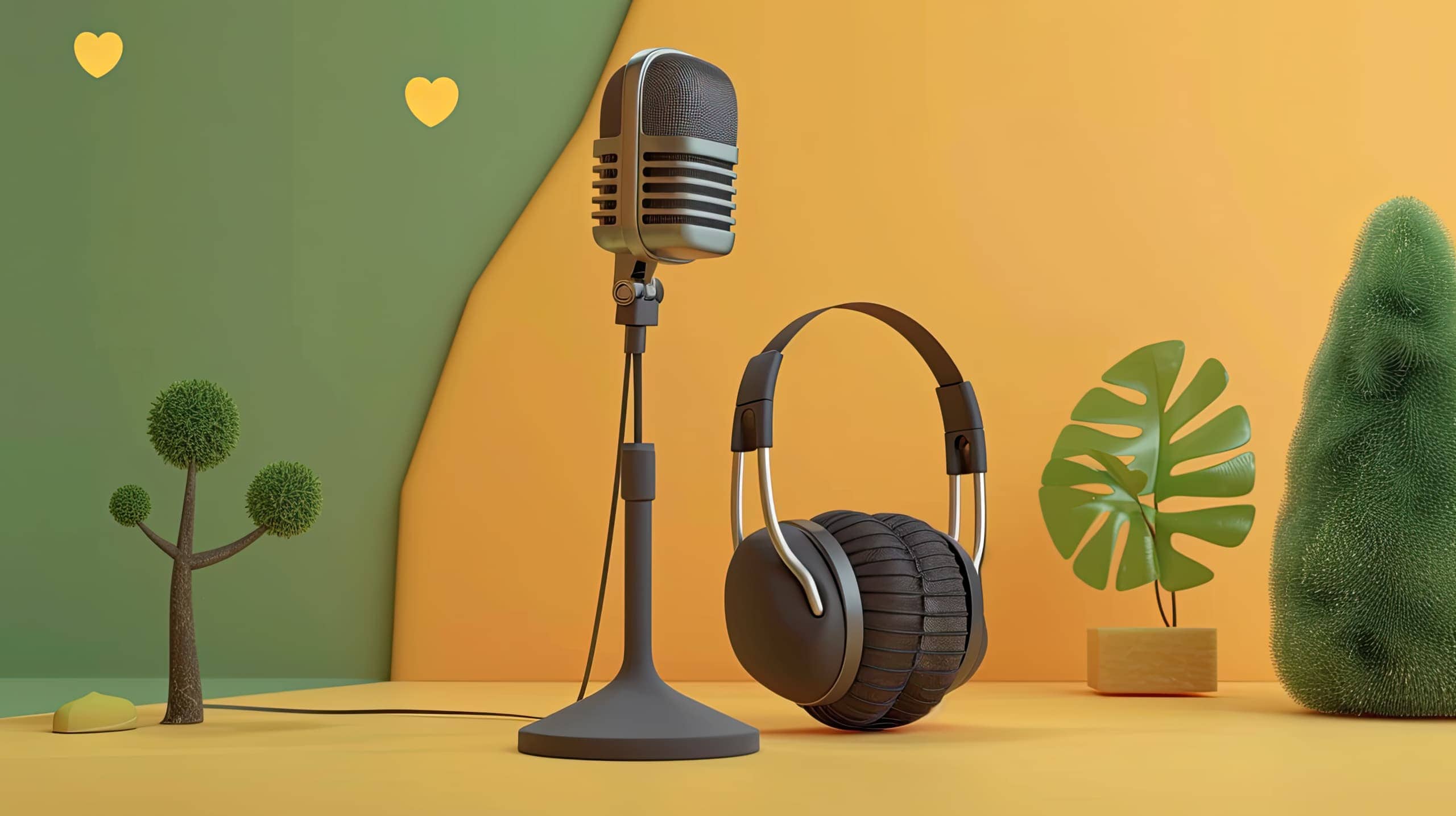 um microfone profissional ao lado de um par de fones de ouvido em um estúdio simples. Inclua ícones ou pequenos símbolos relacionados à causa social, como um coração ou uma árvore, simbolizando o uso de podcasts para engajamento em causas sociais.