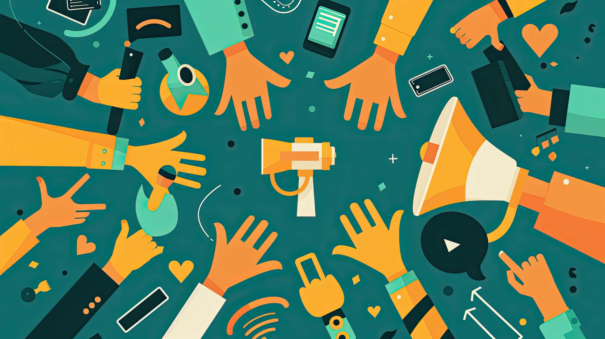 várias mãos formando um círculo, cada uma segurando uma ferramenta de marketing diferente (como um megafone, um laptop, um coração para voluntariado). Isso simboliza a união de esforços e recursos de diferentes parceiros para criar um impacto maior.