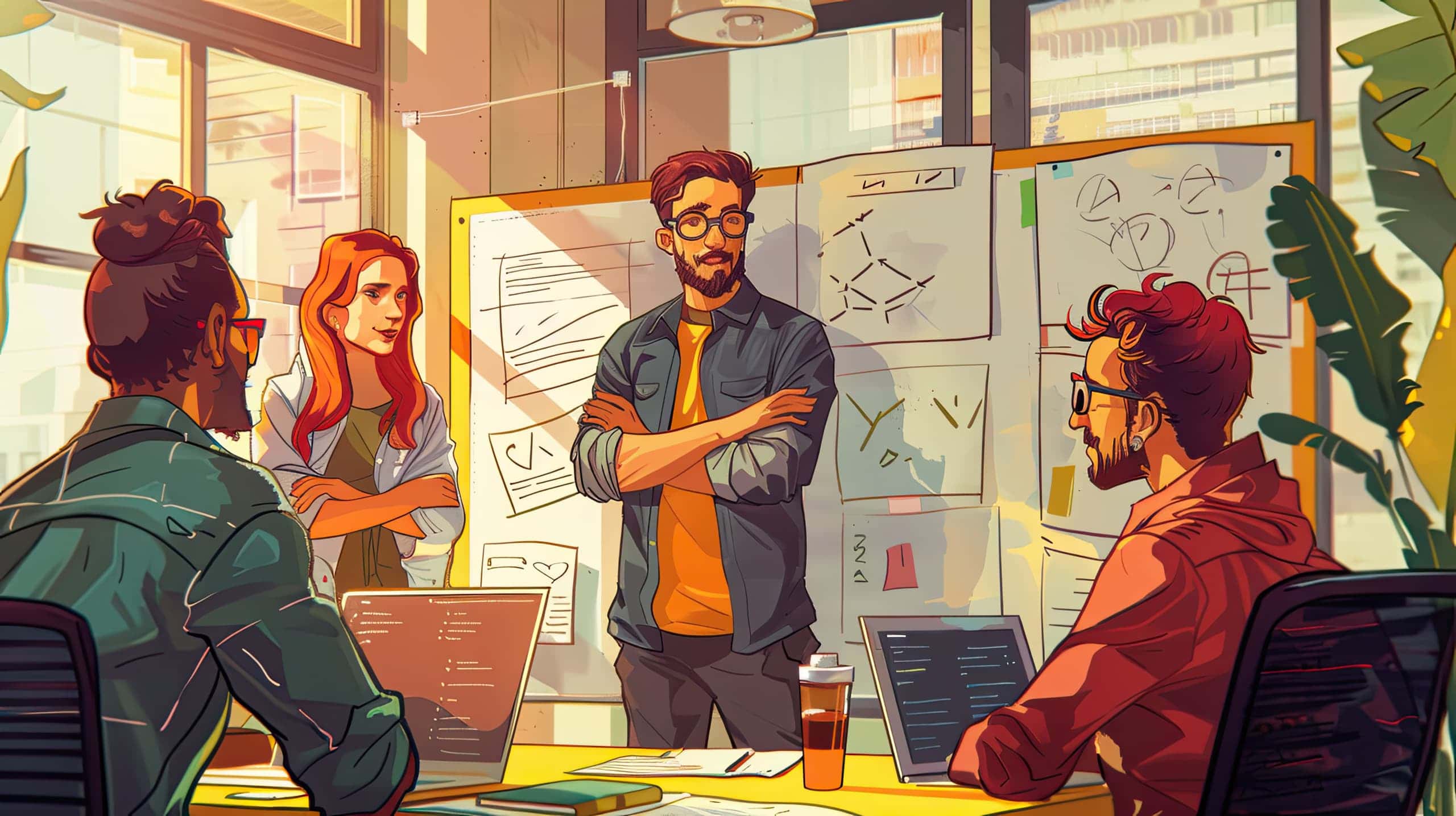 um grupo de voluntários participando de uma reunião de planejamento com o coordenador simbolizando a importância da organização e comunicação no gerenciamento de voluntários.