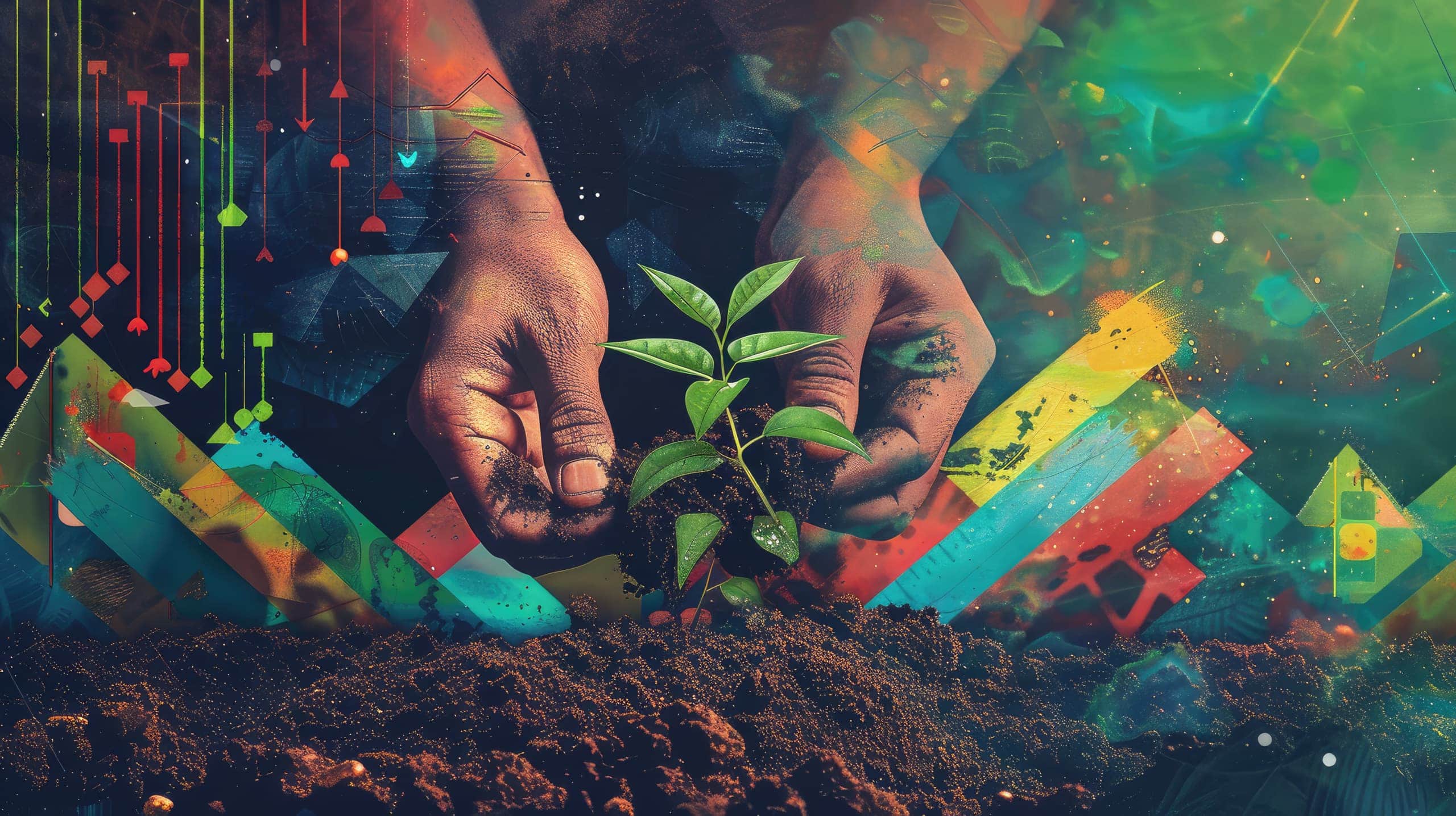 mãos plantando uma muda em solo fértil, com gráficos sobrepostos que sugerem planejamento (setas, gráficos de crescimento). Ao fundo, uma paisagem vibrante que simboliza impacto positivo e progresso.