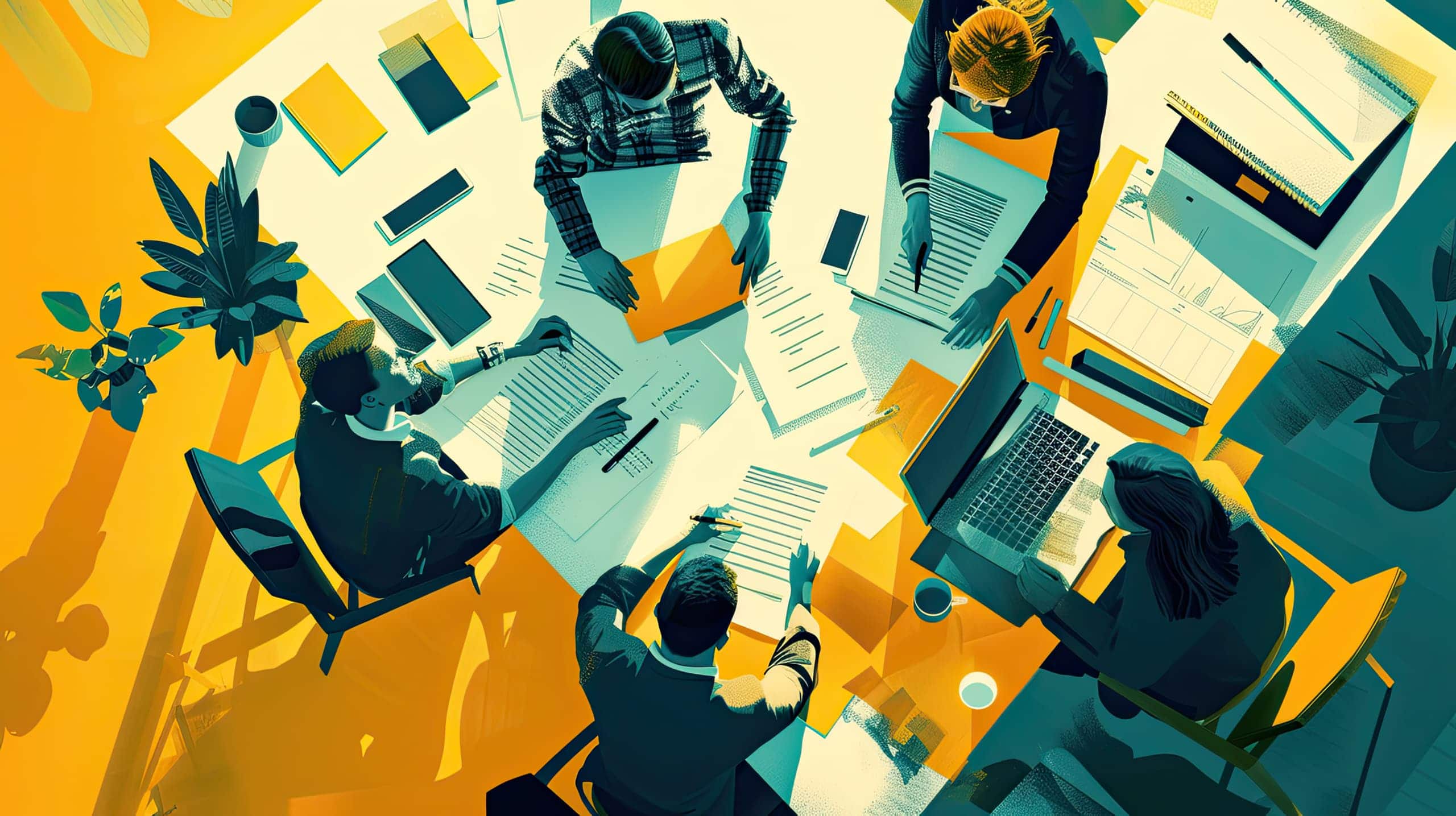 uma equipe de auditores trabalhando em conjunto em uma organização social, revisando documentos e discutindo resultados, transmitindo a importância e o impacto da auditoria em organizações sociais.