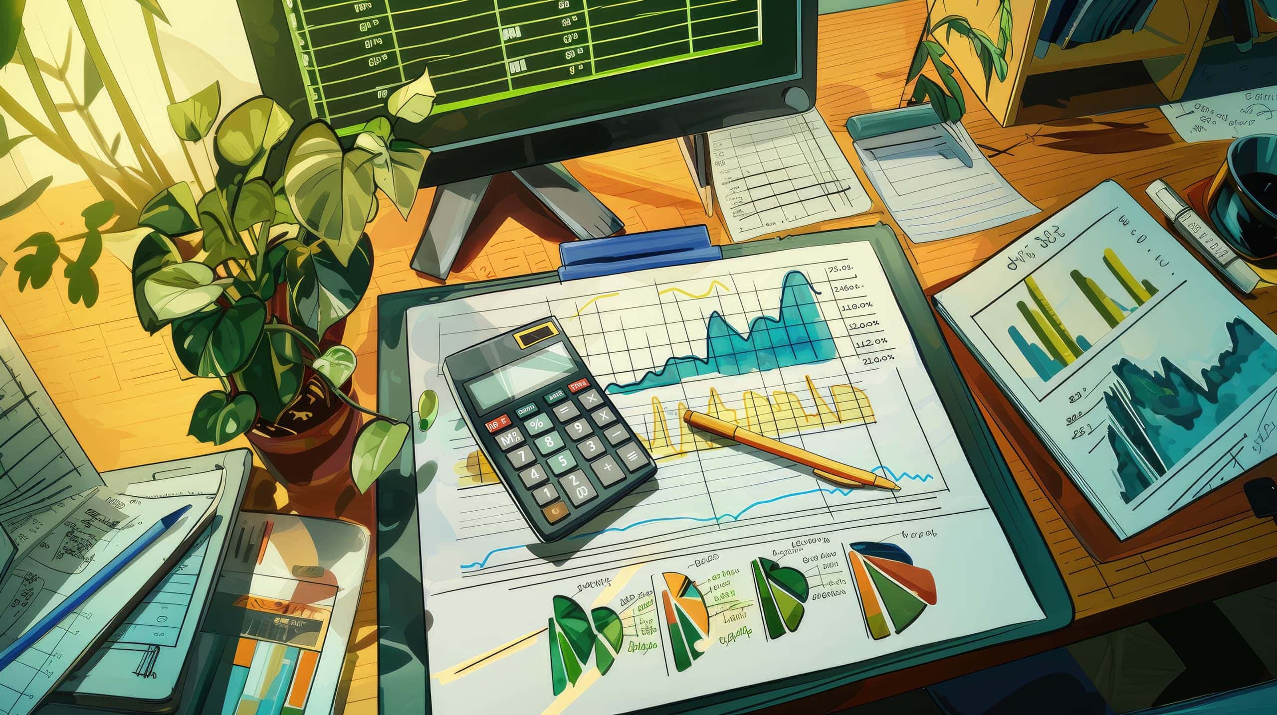 uma calculadora e documentos com gráficos sobre uma mesa e um planejamento financeiro organizacional sendo desenvolvido em um quadro branco, transmitindo a ideia de metodologias e ferramentas de planejamento financeiro estratégico para organizações sem fins lucrativos.