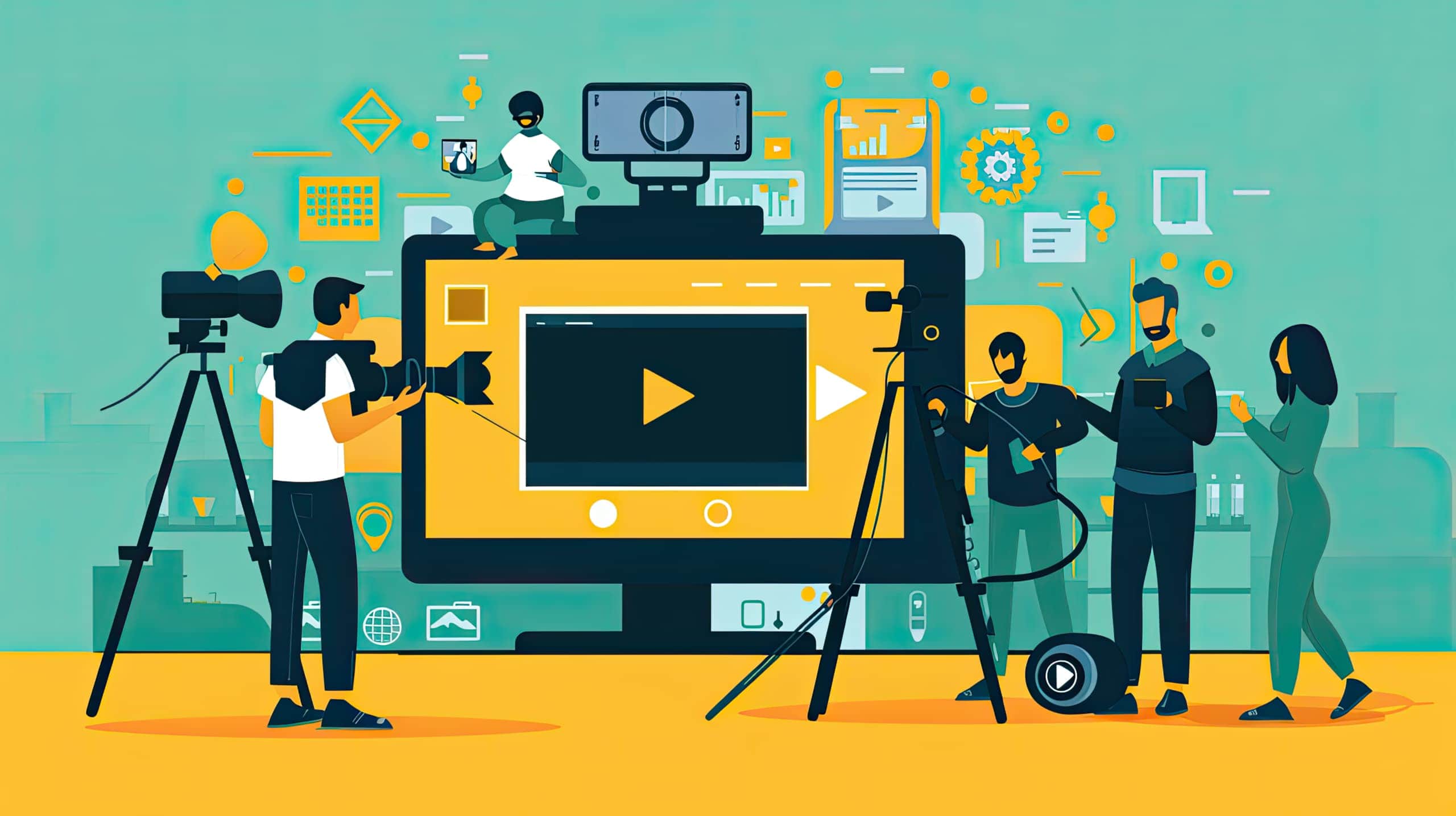 gravação de um vídeo promocional para uma ONG, com câmeras, tripés e um editor de vídeo trabalhando em um computado transmitindo a importância dos vídeos na estratégia de marketing visual para ongs.