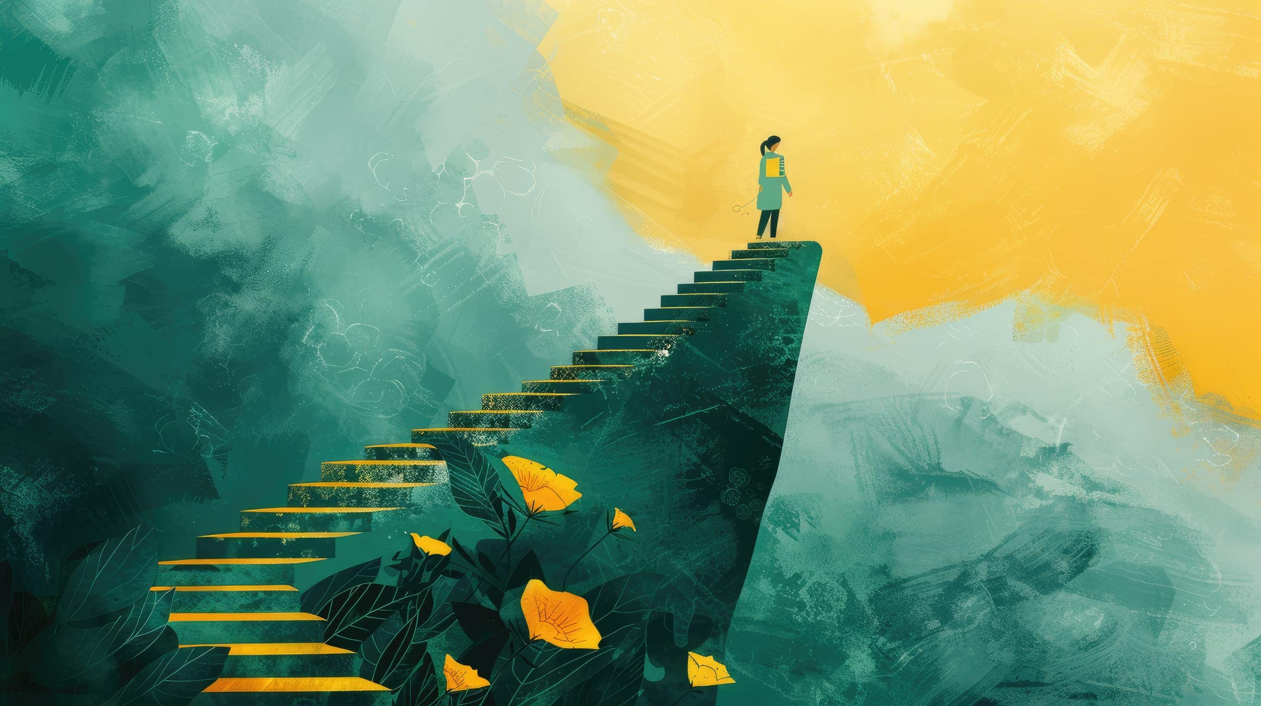 uma escada que vai do chão até o céu, simbolizando o crescimento e a expansão, representando o progresso contínuo e a escalabilidade de iniciativas sociais.