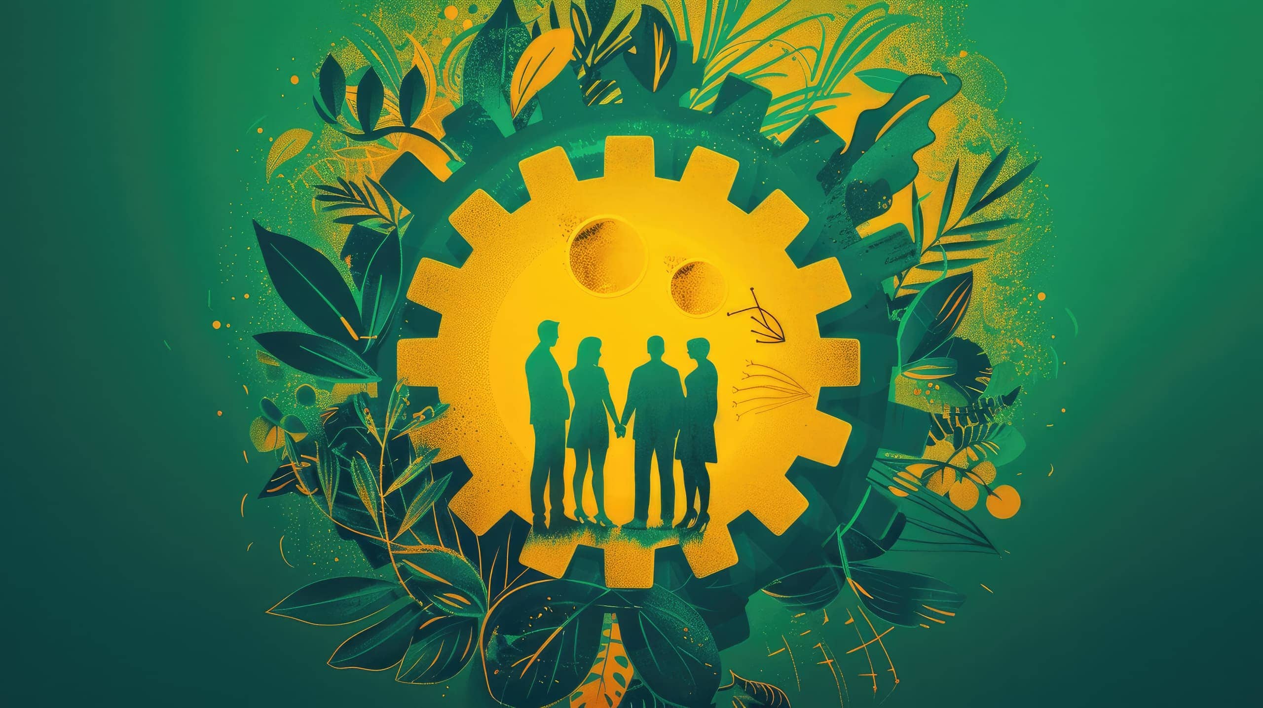 Uma engrenagem composta por pessoas voluntárias conectadas entre si, onde cada peça representa uma tendência atual: inclusão, tecnologia, capacitação, reconhecimento e impacto social, simbolizando a gestão integrada e eficiente de voluntários.