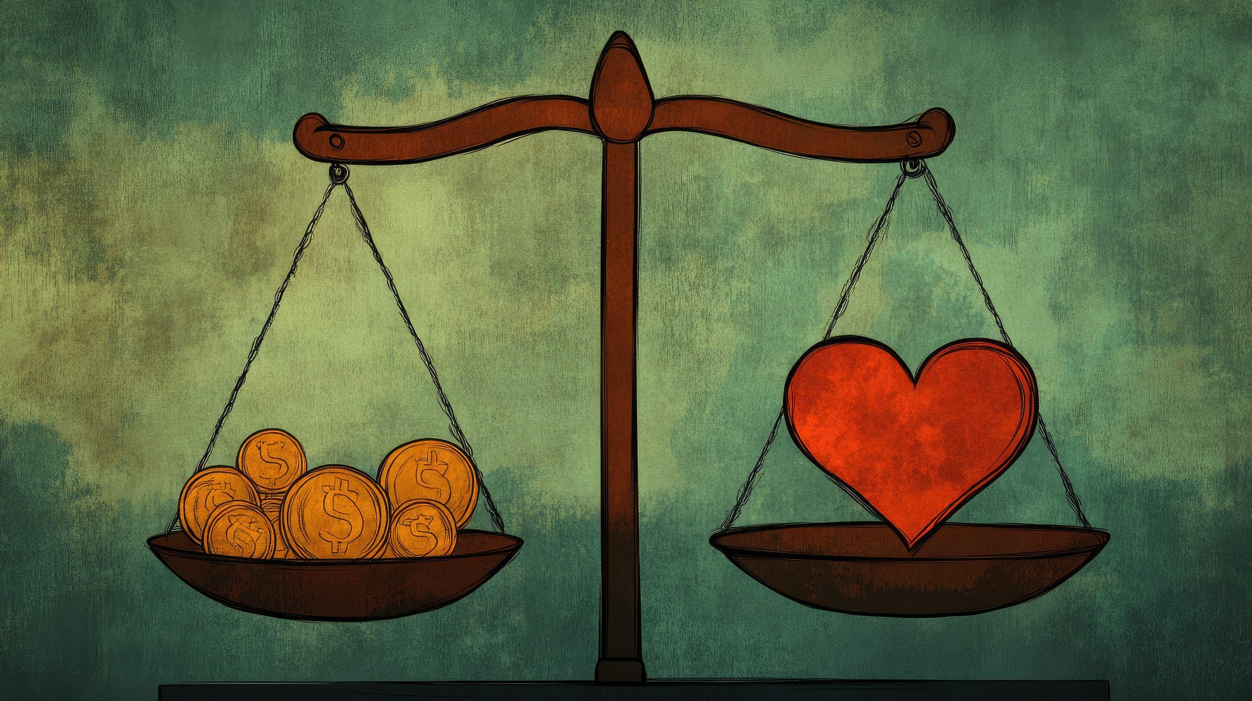 uma balança com moedas em um lado e um coração no outro, ambos equilibrados simbolizando a harmonia entre a redução de custos e a manutenção do impacto social, representando o equilíbrio necessário entre eficiência financeira e compromisso com a missão da ONG.