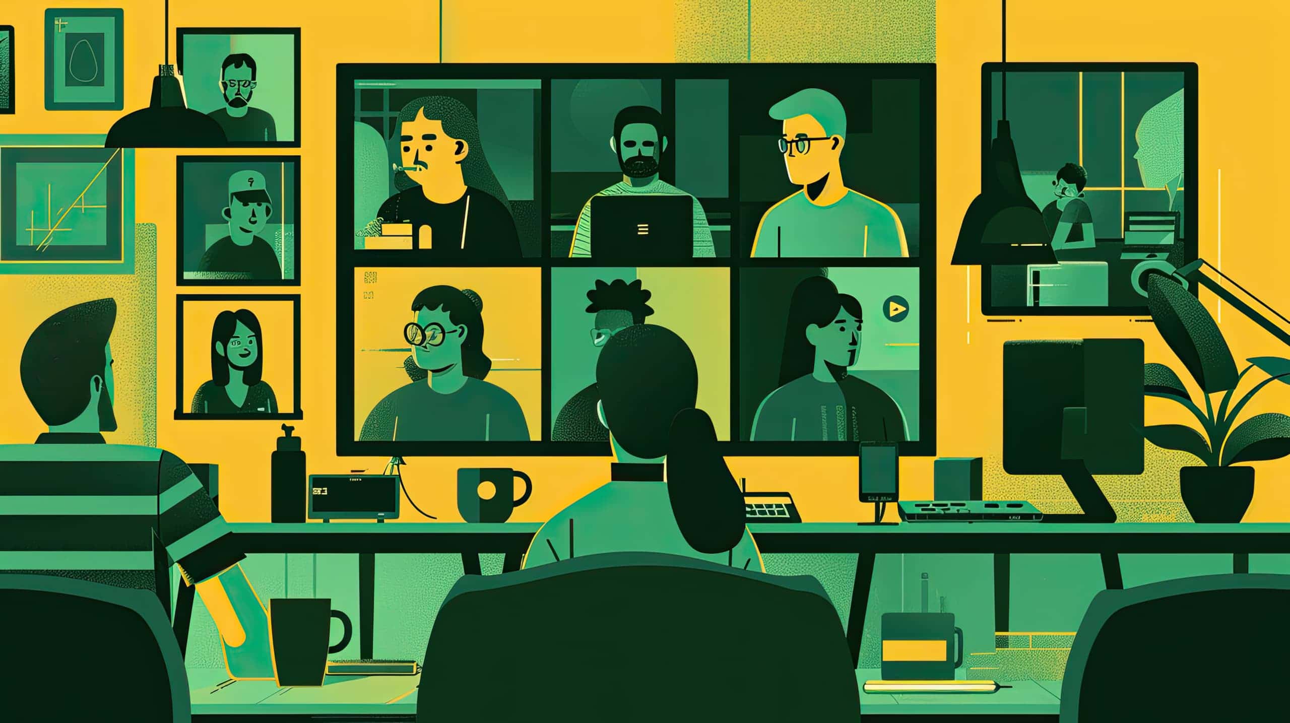 uma tela de computador dividida em várias janelas de videoconferência, com membros de uma equipe remota participando de uma reunião online, simbolizando a comunicação e a colaboração eficazes.