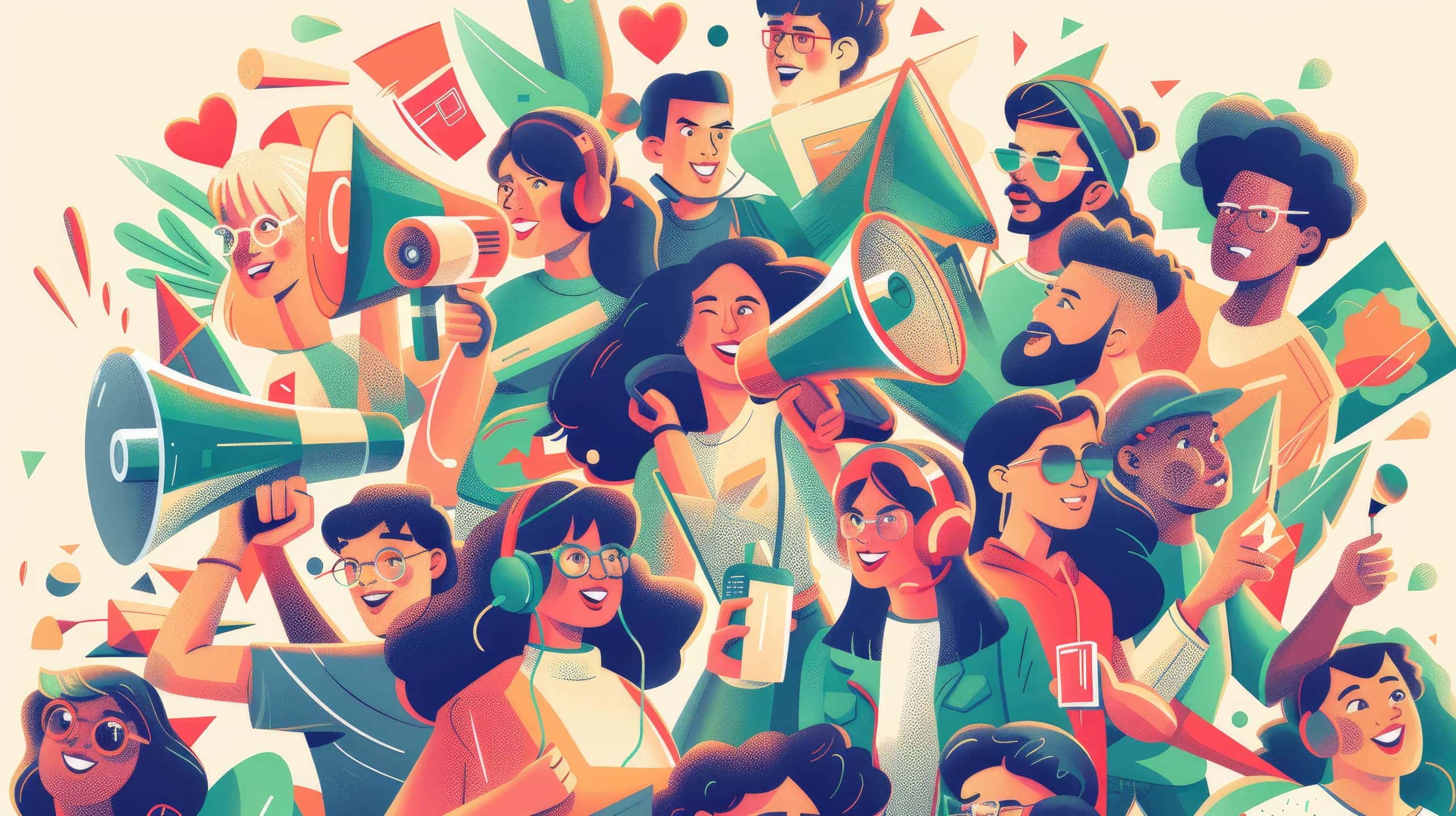 Um megafone central com pessoas ao redor e ícones flutuando, corações e ferramentas, simbolizando a divulgação de oportunidades de voluntariado.