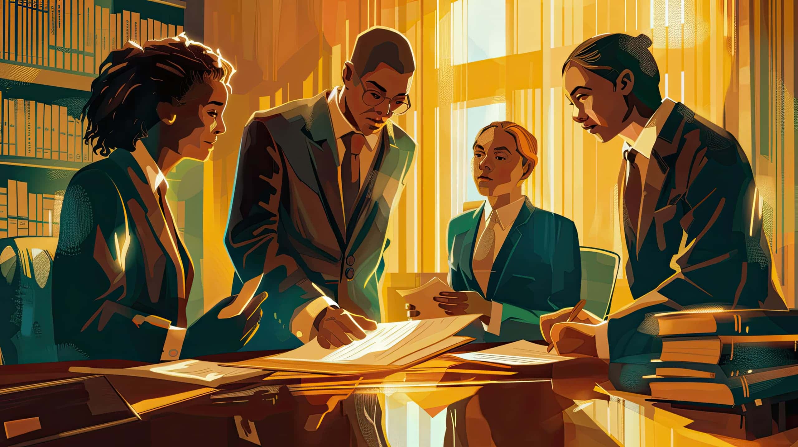 uma reunião onde um advogado ou consultor jurídico está orientando a equipe da ONG sobre questões legais para um evento de arrecadação. Inclua membros da equipe fazendo perguntas e tomando notas, representando a preparação jurídica detalhada.