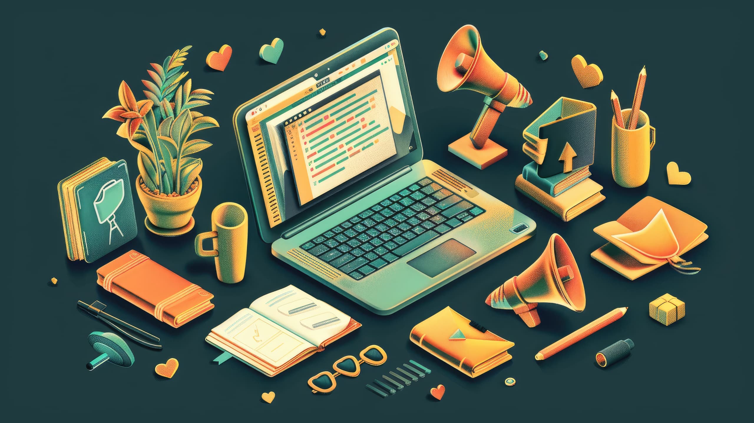 Um laptop aberto exibindo um editor de texto com o rascunho de um blog. Ao redor da tela, ícones como corações, árvores, livros e megafones representam diferentes causas sociais que podem ser promovidas.
