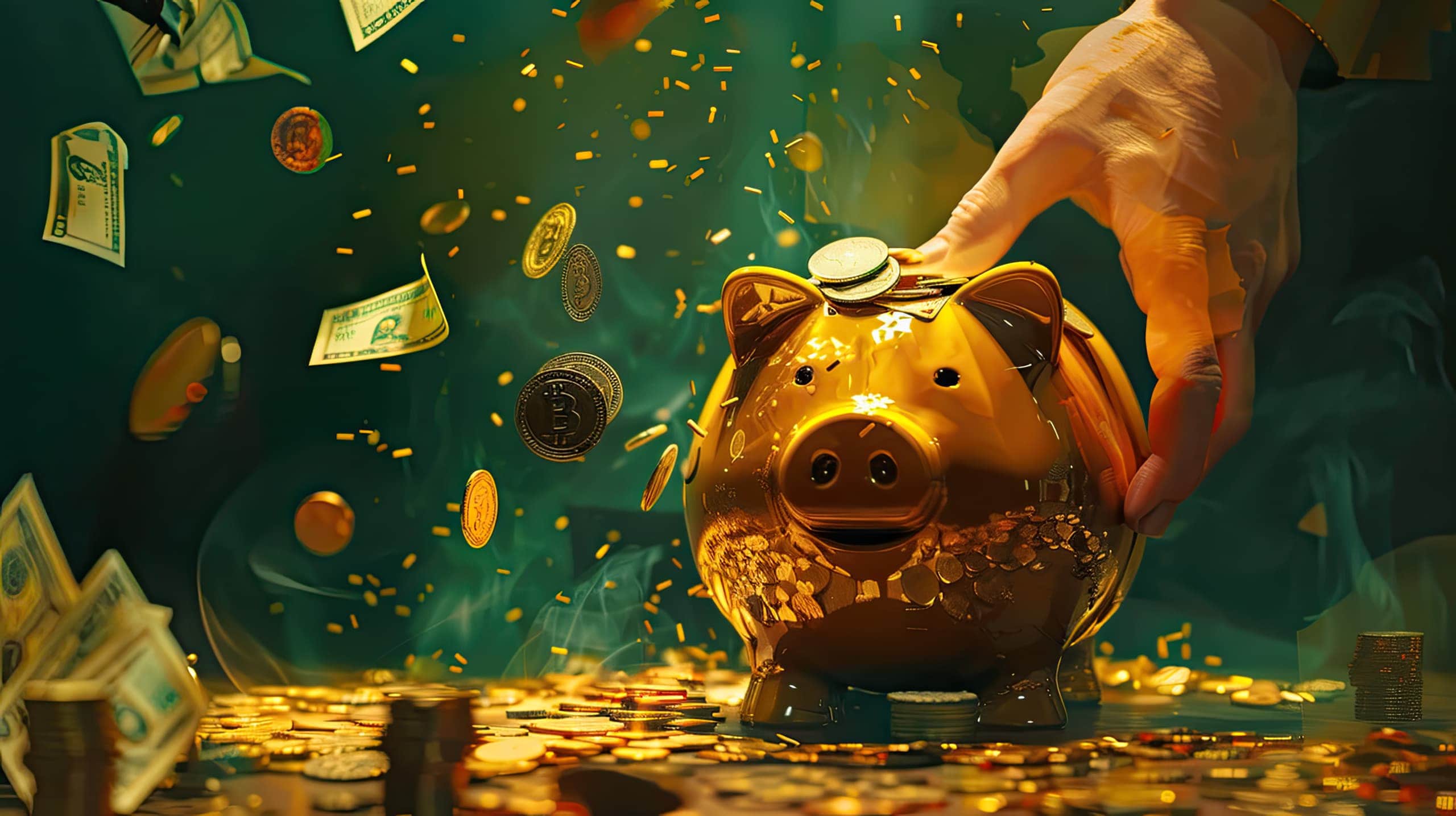 um cofrinho sendo enchido com moedas e notas, simbolizando uma gestão eficiente de doações e financiamentos.