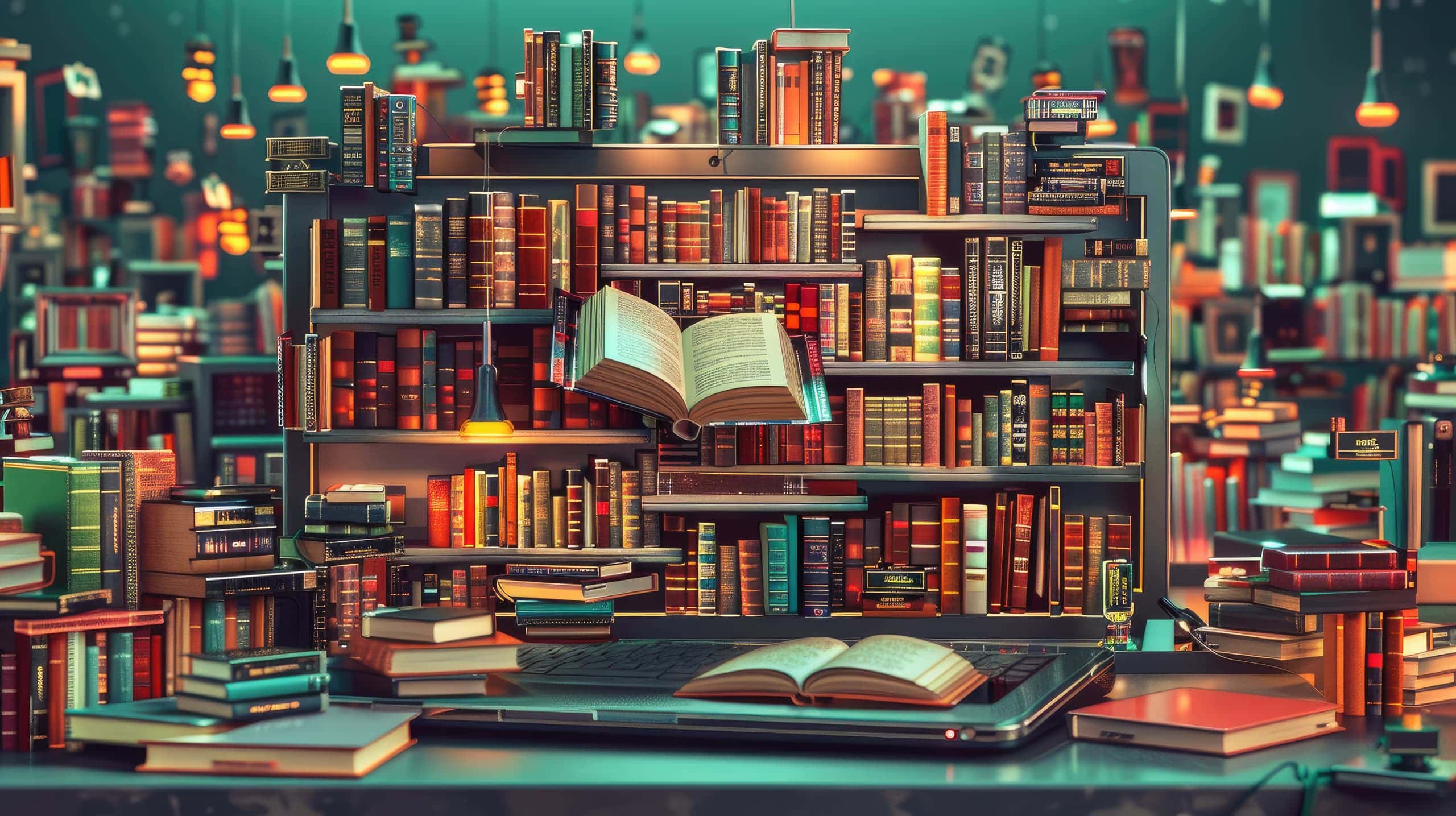 Uma tela de computador ou tablet exibindo uma biblioteca digital, onde cada livro ou pasta representa uma área do conhecimento dentro de um projeto social.