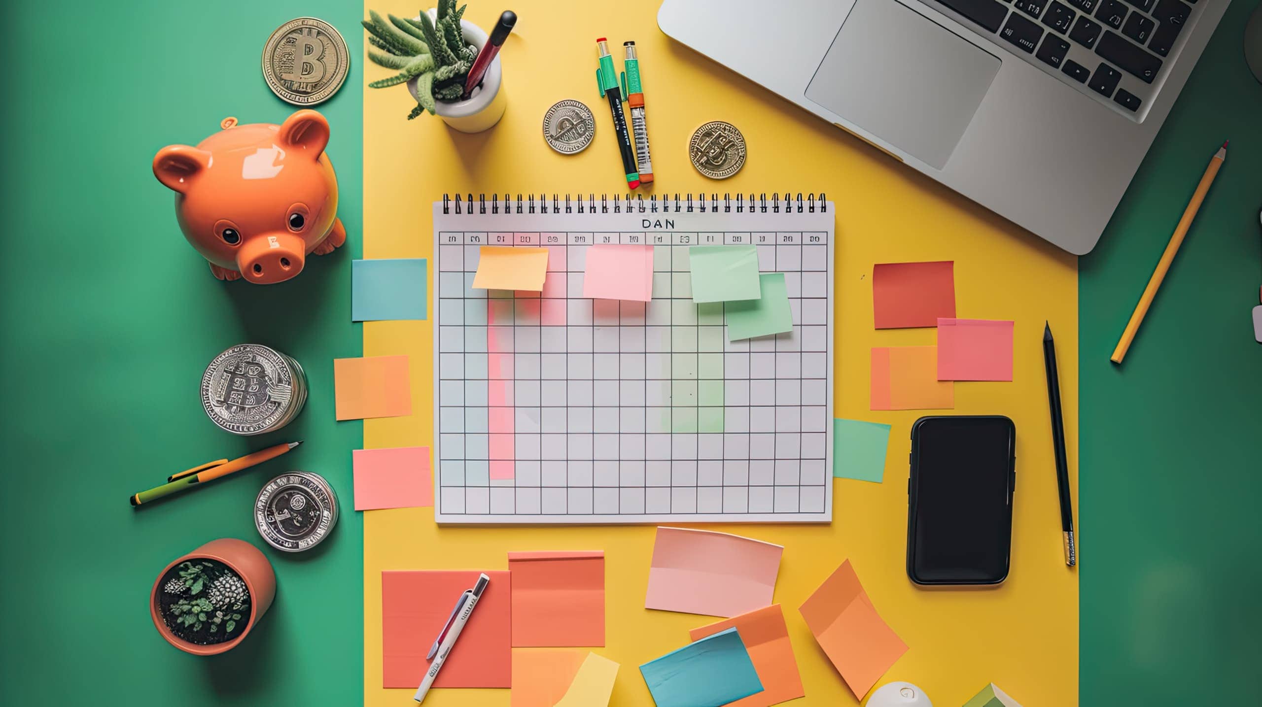 um calendário físico ou digital com anotações coloridas, post-its e marcadores destacando datas importantes. Ao lado, elementos como uma pilha de moedas, um cofrinho ou um laptop para simbolizar captação de recursos.
