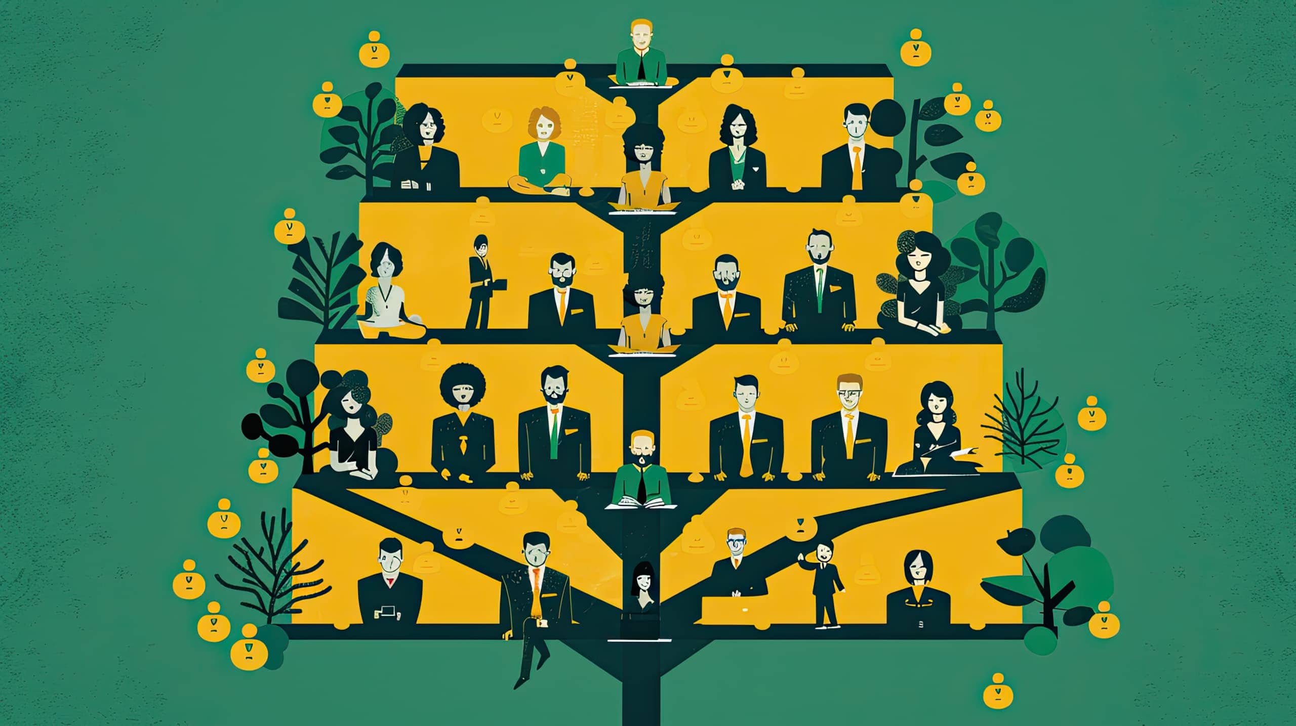 um organograma detalhado de uma ONG, mostrando a estrutura de governança com diferentes departamentos e funções, simbolizando a clareza de papéis e responsabilidades.