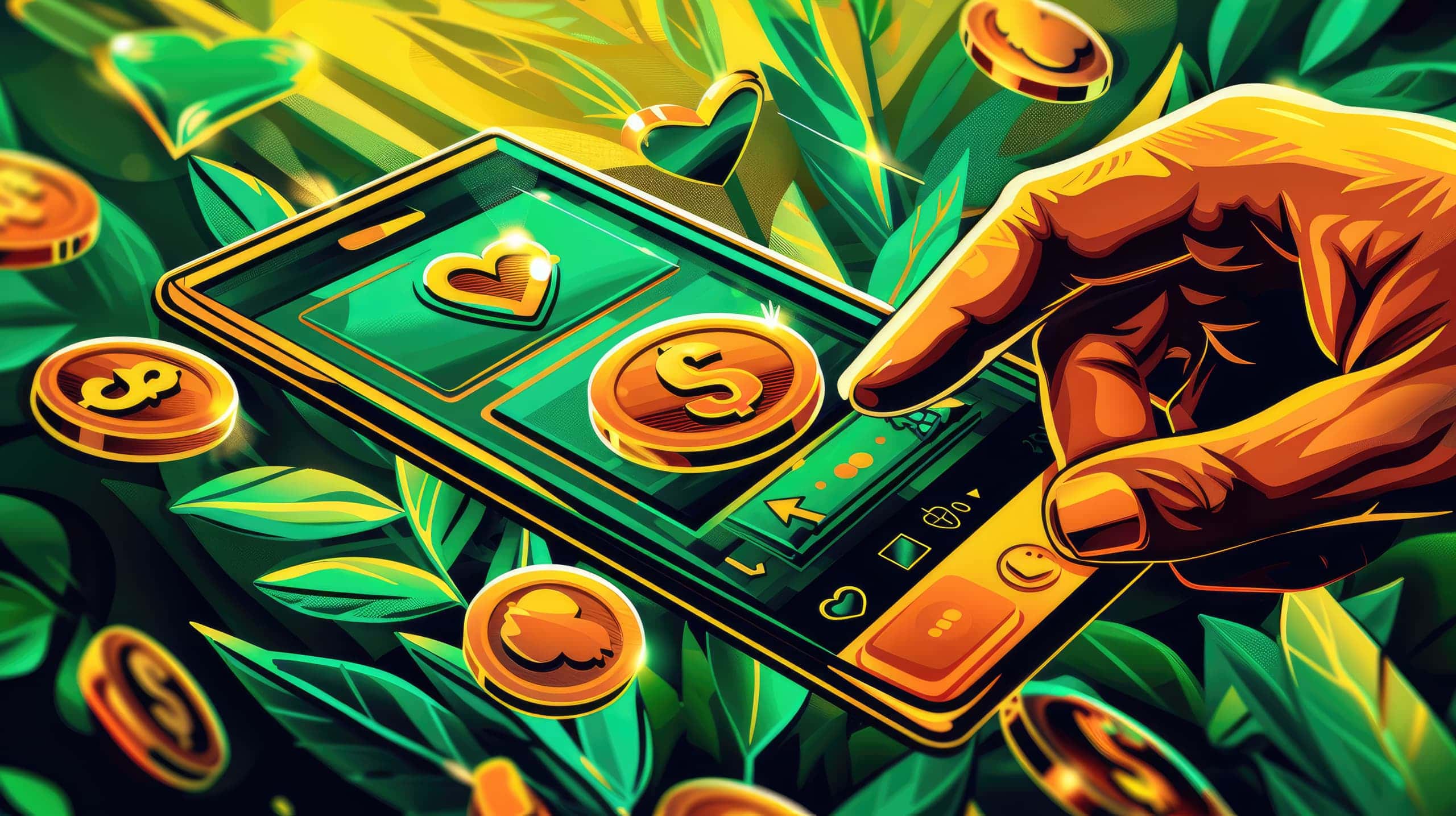 uma mão clicando em um botão verde em uma tela de smartphone, com ícones flutuantes de corações e moedas representando o impacto da doação online.