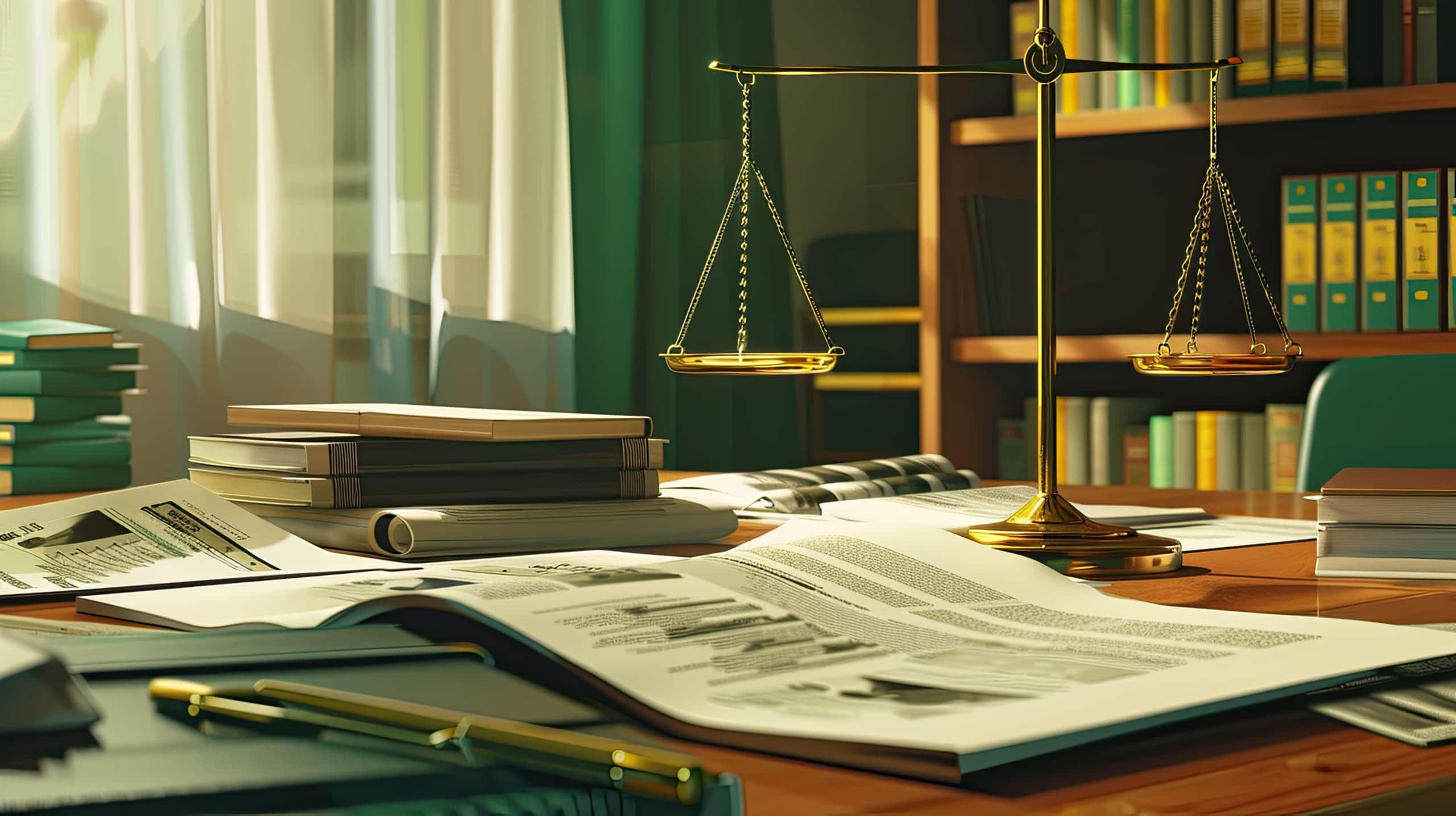 uma mesa com documentos legais, ao lado de relatórios financeiros, gráficos de arrecadação, uma balança da justiça, simbolizando o impacto da legislação na captação de recursos.
