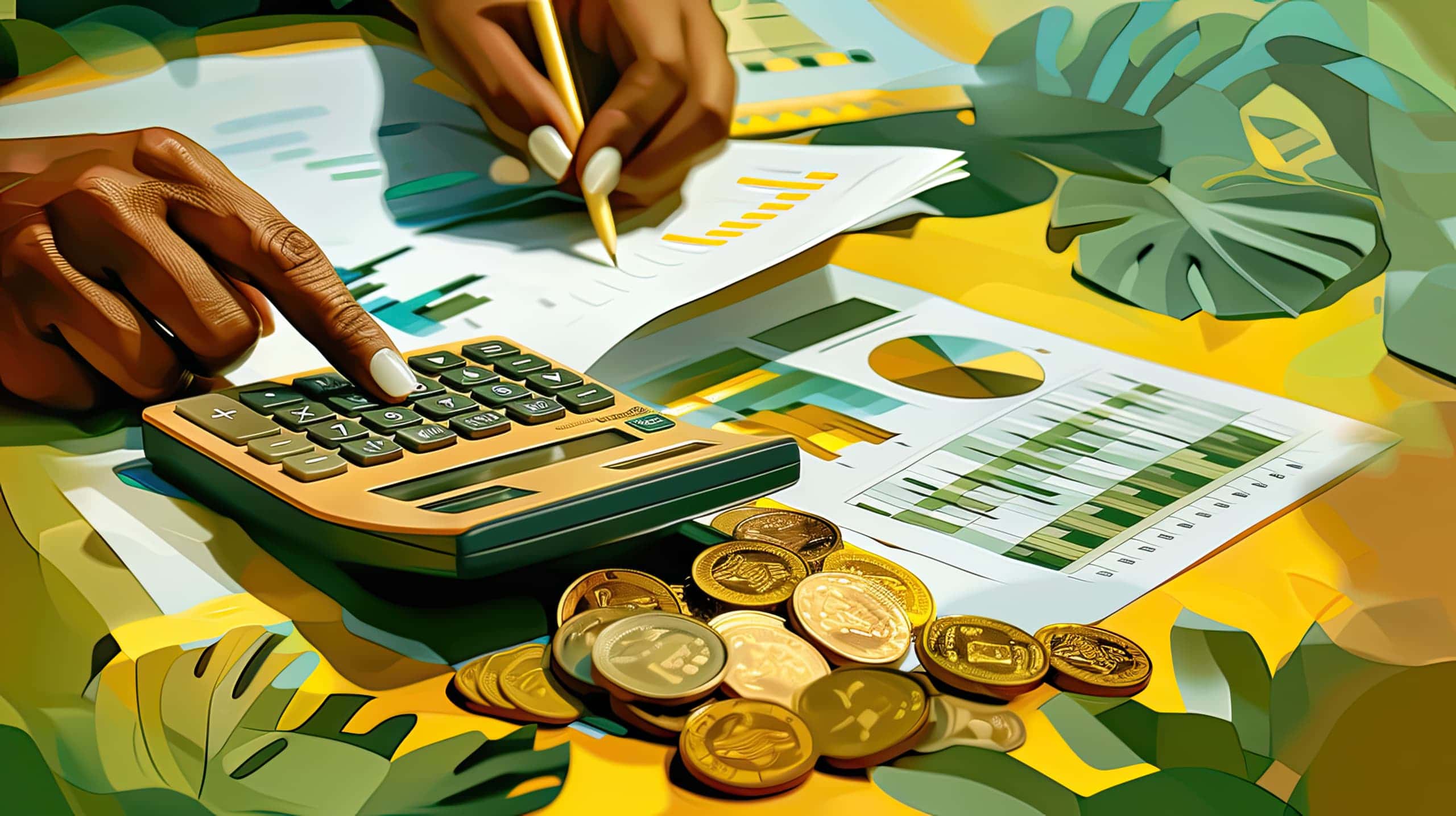 mãos organizando papéis, faturas e planilhas, com uma calculadora ao lado. No fundo, gráficos financeiros indicam planejamento e controle estratégico da dívida.