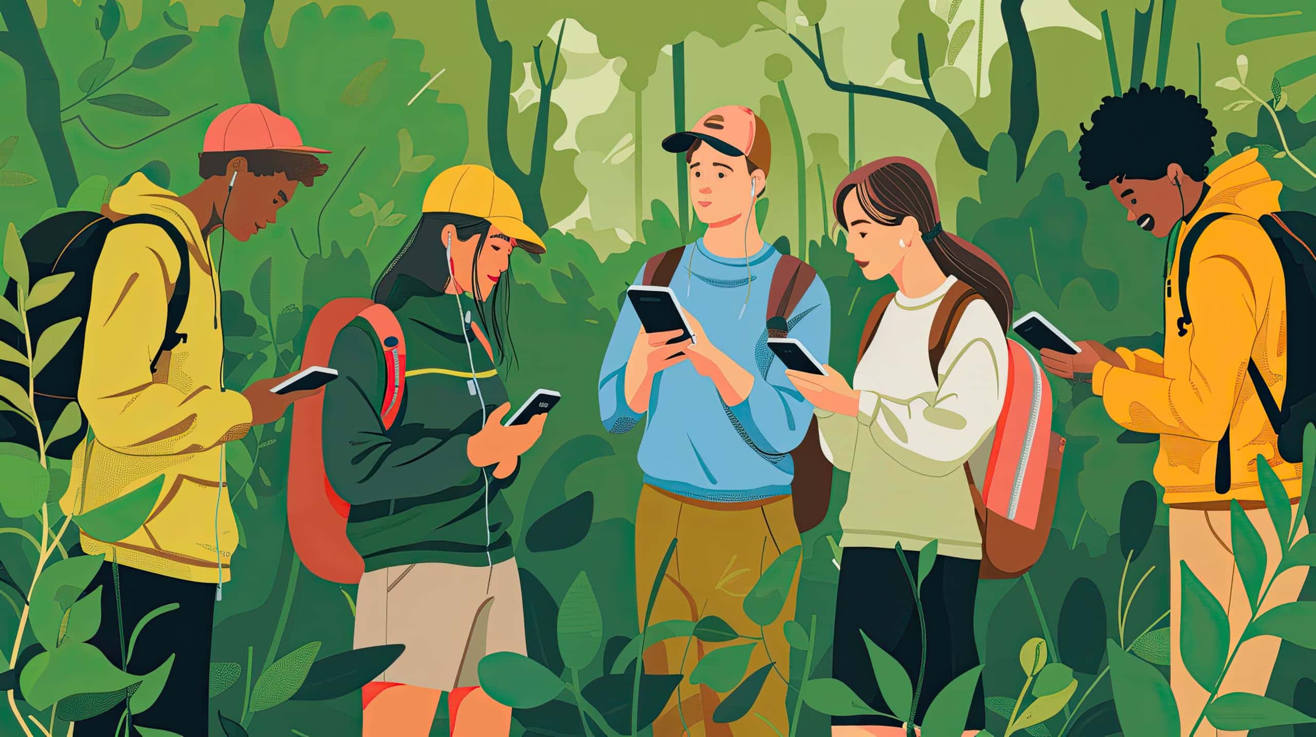 voluntários em uma atividade ao ar livre, utilizando smartphones ou tablets para acessar informações ou registrar suas ações. Isso simboliza a praticidade das tecnologias para coordenar equipes em tempo real.