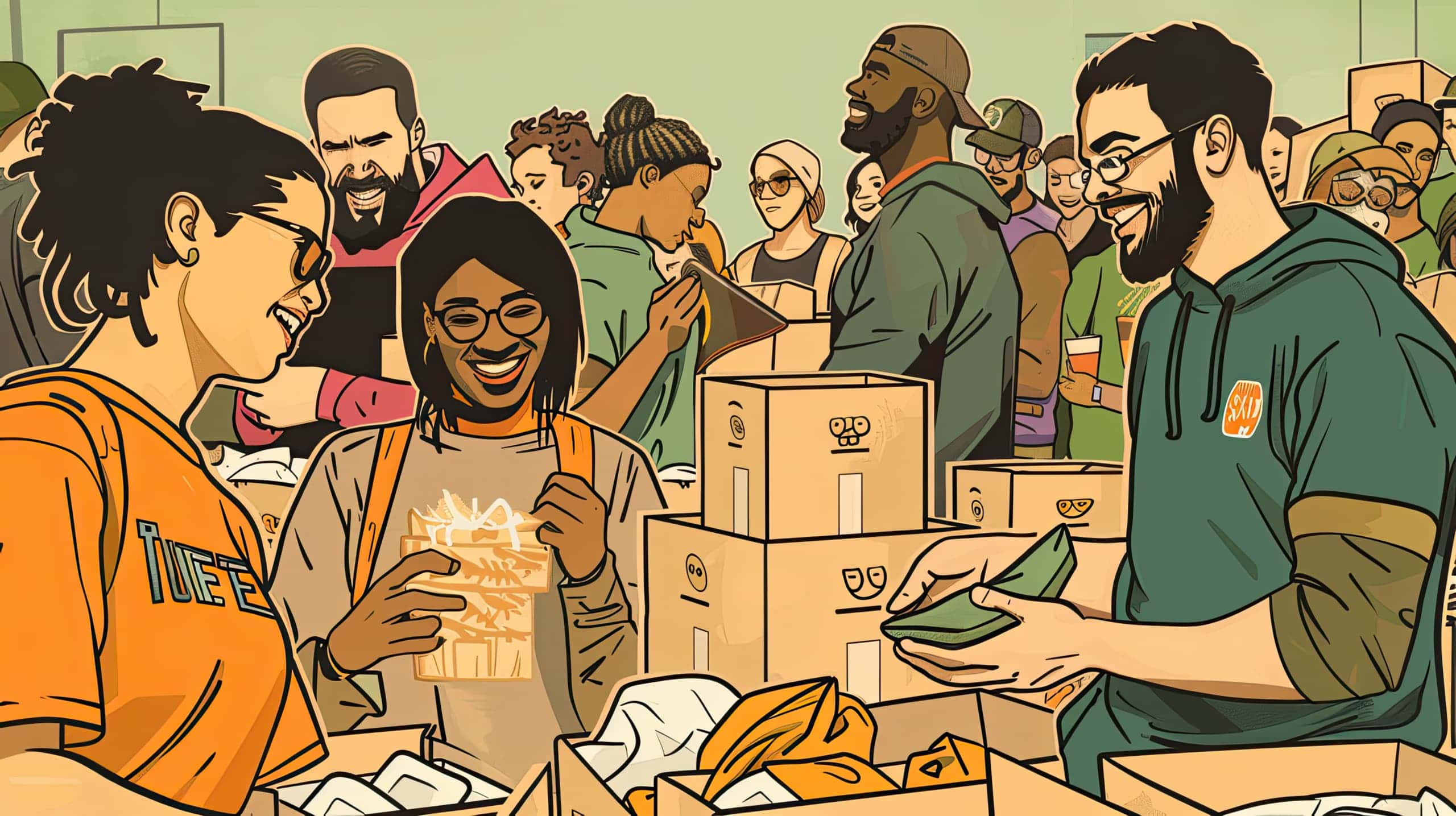 um grupo de voluntários engajados em uma atividade de arrecadação de fundos, como um bazar de roupas usadas, destacando o espírito comunitário e o impacto das ações voluntárias para captação com baixo orçamento.