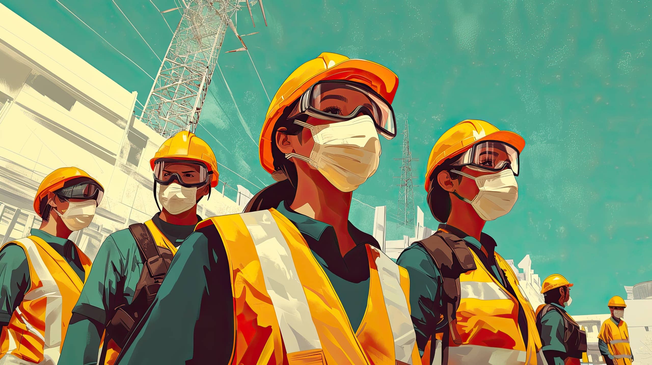 uma equipe de voluntários ou funcionários de uma ONG vestindo equipamentos de proteção individual (EPIs), destacando a importância de fornecer os equipamentos adequados para garantir a segurança dos trabalhadores de Ongs em campo.