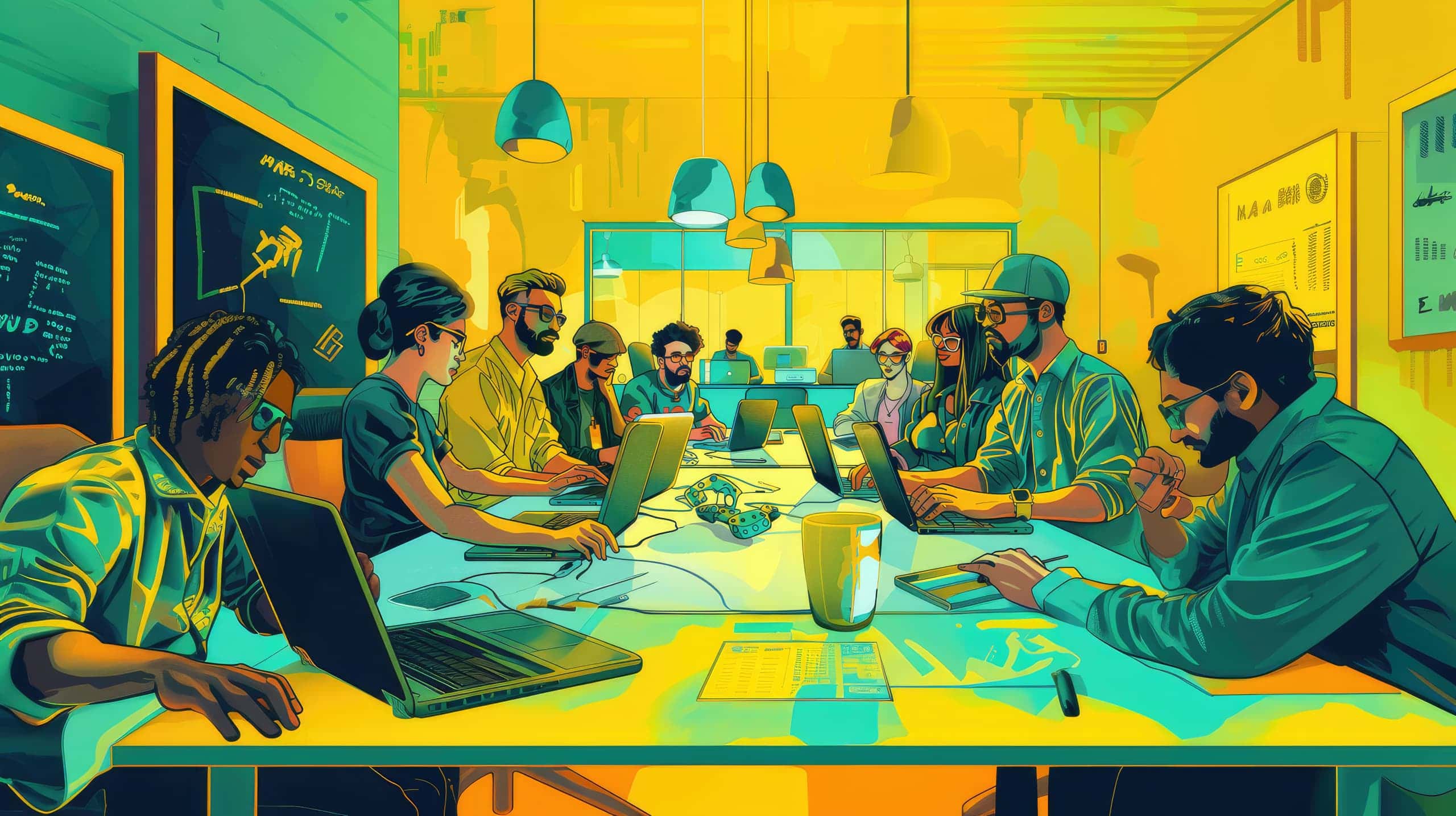 uma equipe diversa de profissionais colaborando em um projeto, sentados ao redor de uma mesa com laptops, maquetes de produtos e documentos, transmitindo a ideia das estratégias para o desenvolvimento de produtos sociais.