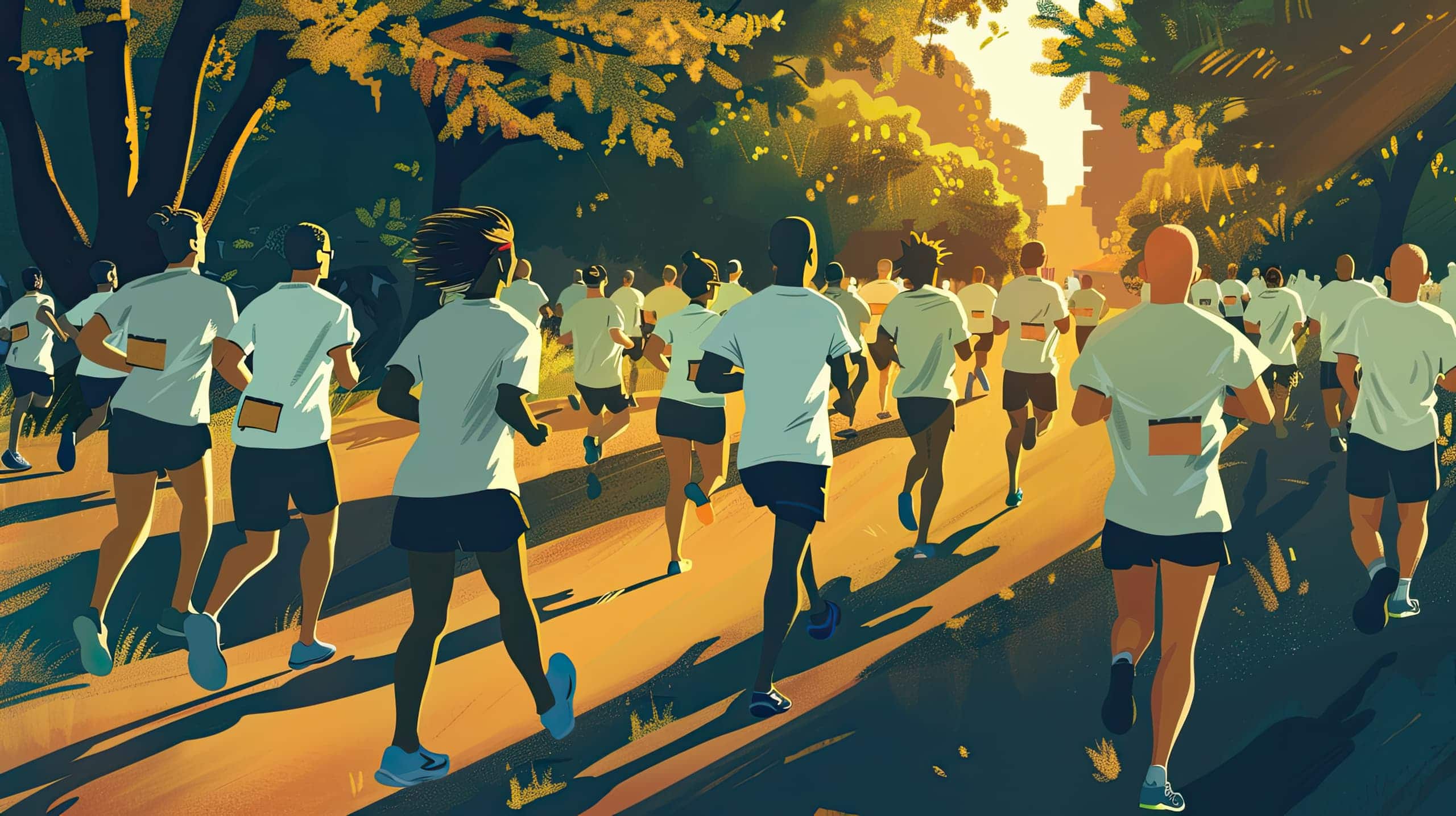 um grupo de pessoas correndo em um parque, todas vestindo camisetas da mesma ONG, simbolizando a união e o esforço coletivo em uma maratona de doações.