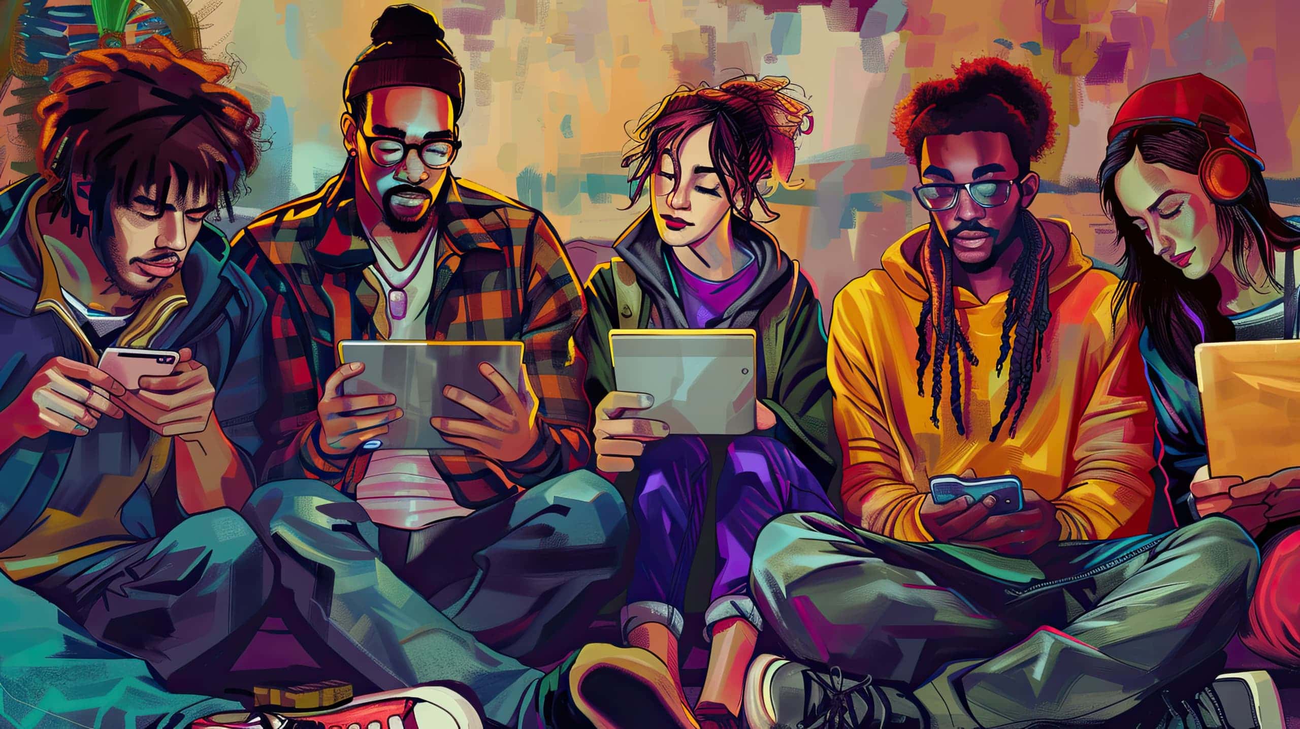 um grupo de pessoas de diferentes idades e etnias usando dispositivos móveis ou computadores para participar de uma campanha online simbolizando o engajamento e a colaboração virtual em causas sociais.
