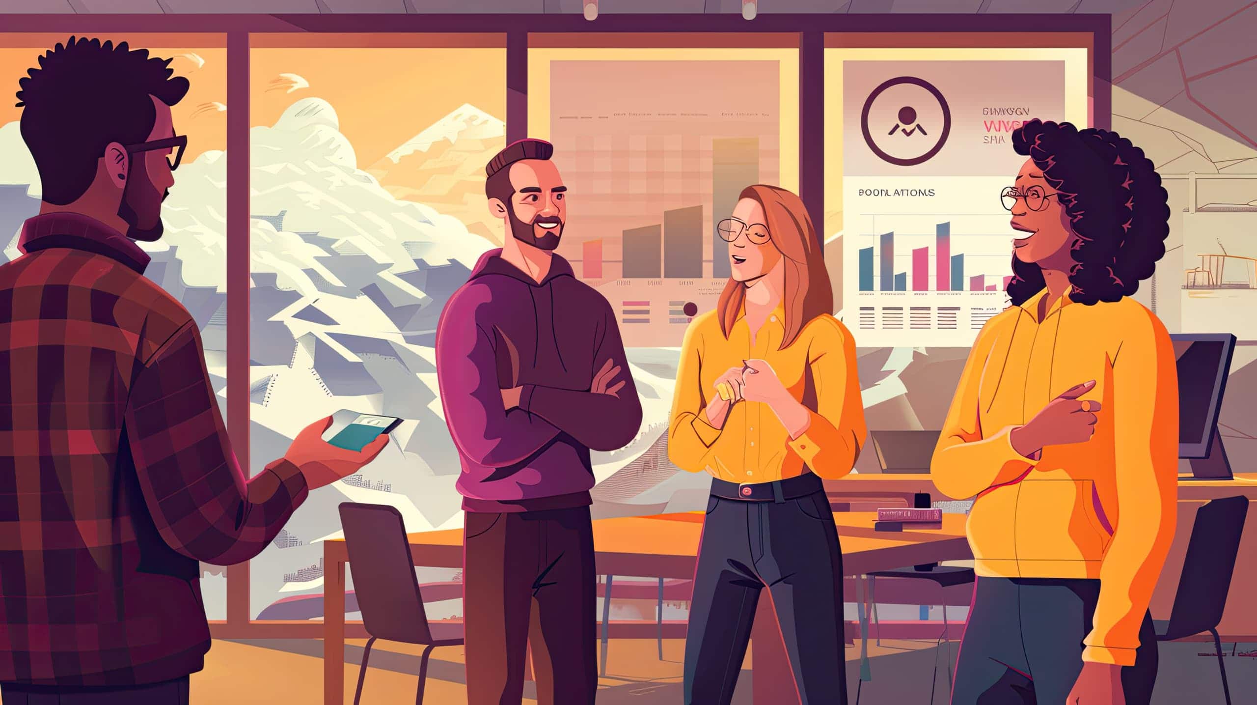 uma equipe de uma ONG em uma reunião, analisando relatórios de impacto social, enfatizando a importância da colaboração no uso de métricas para otimizar os resultados.