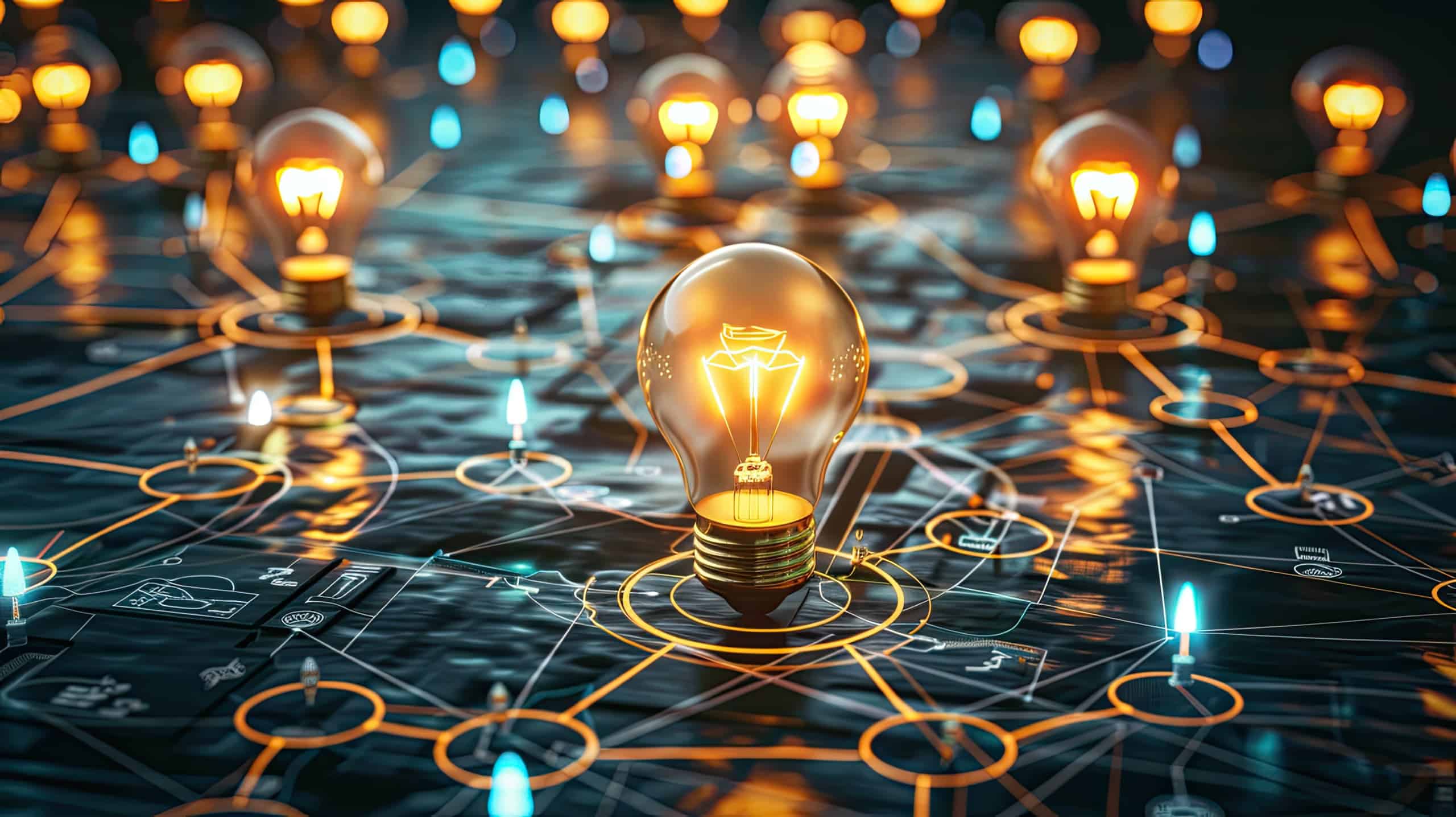 Lâmpadas acesas conectadas por fios formando um círculo. Ao redor, ícones de impacto social e ferramentas de marketing para simbolizar inovação colaborativa no terceiro setor.