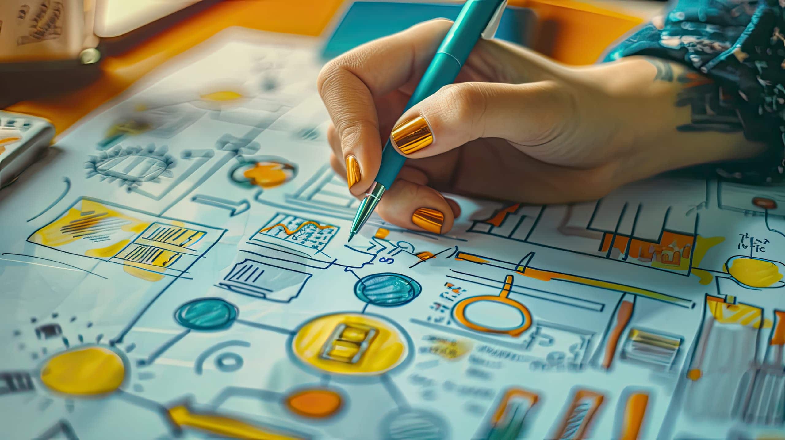 uma mão desenhando um mapa de planejamento com várias rotas, simbolizando o planejamento estratégico necessário para campanhas publicitárias para Ongs.