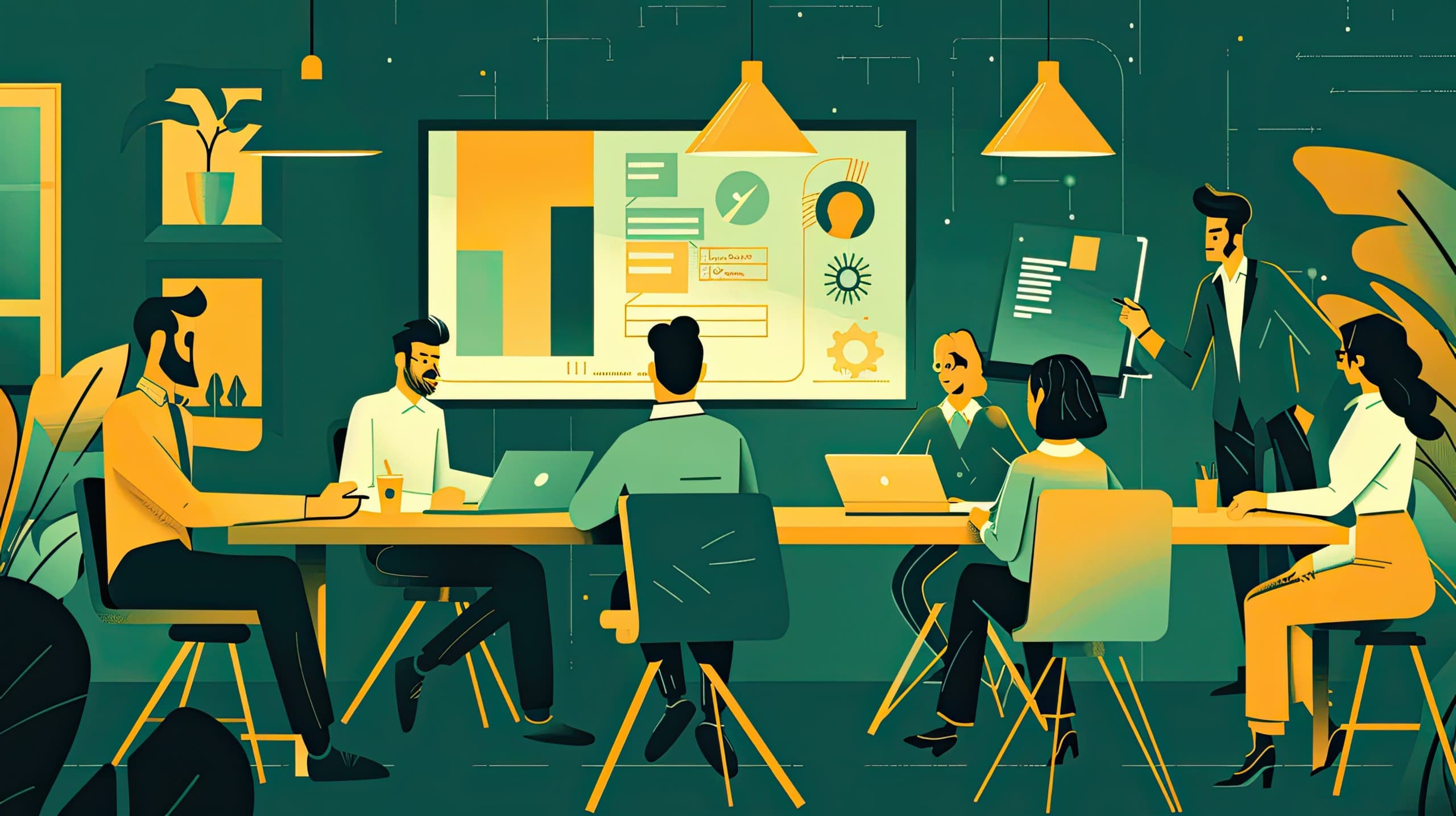 uma equipe de pessoas trabalhando em conjunto em uma sala de reunião, um flip chart ao fundo, onde estão sendo discutidos os fundamentos do planejamento estratégico para ongs.