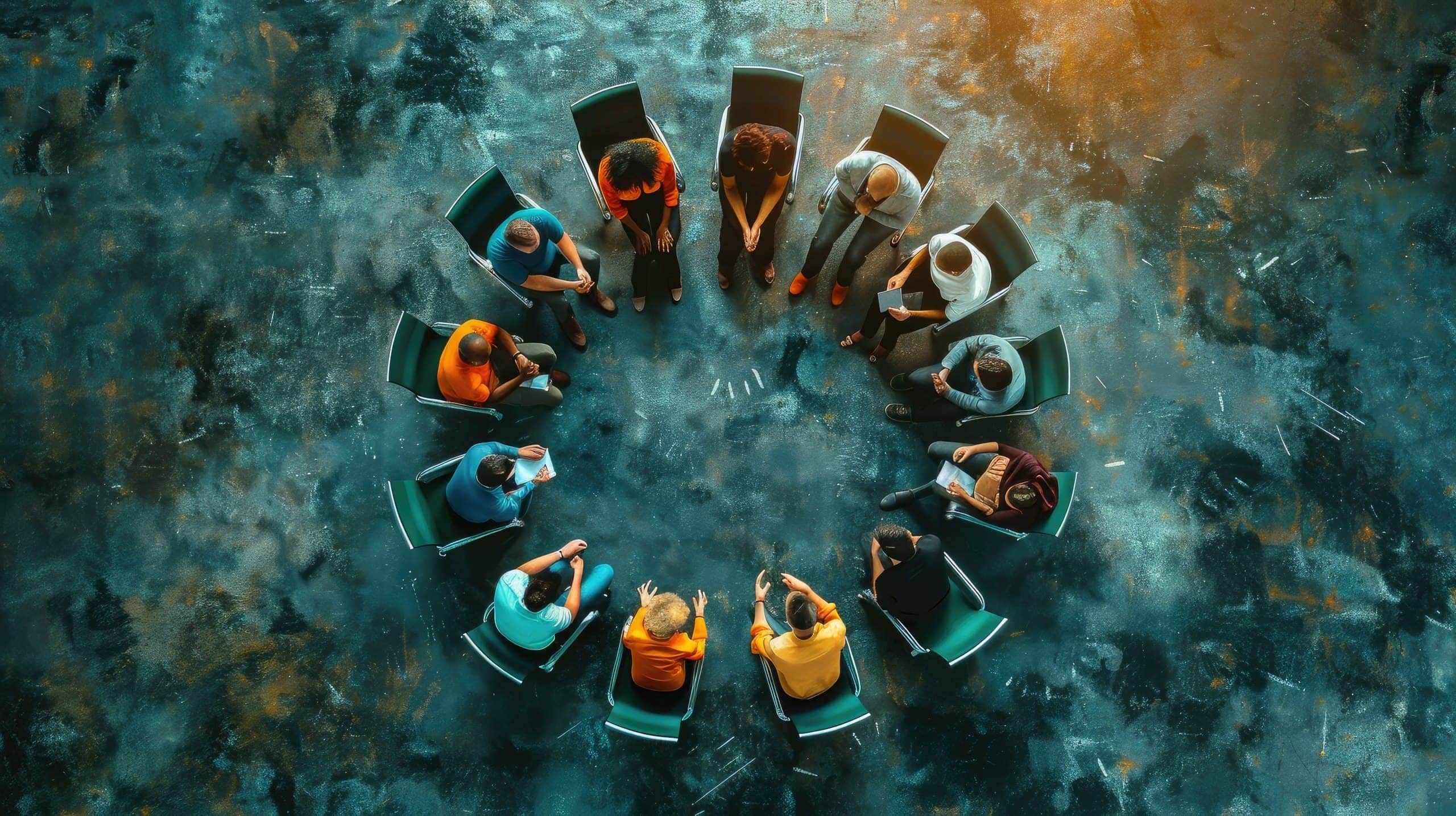 uma equipe de pessoas em círculo, participando de uma sessão de brainstorming ou compartilhando ideias, transmitindo a ideia de colaboração e engajamento para motivar equipes em ongs.
