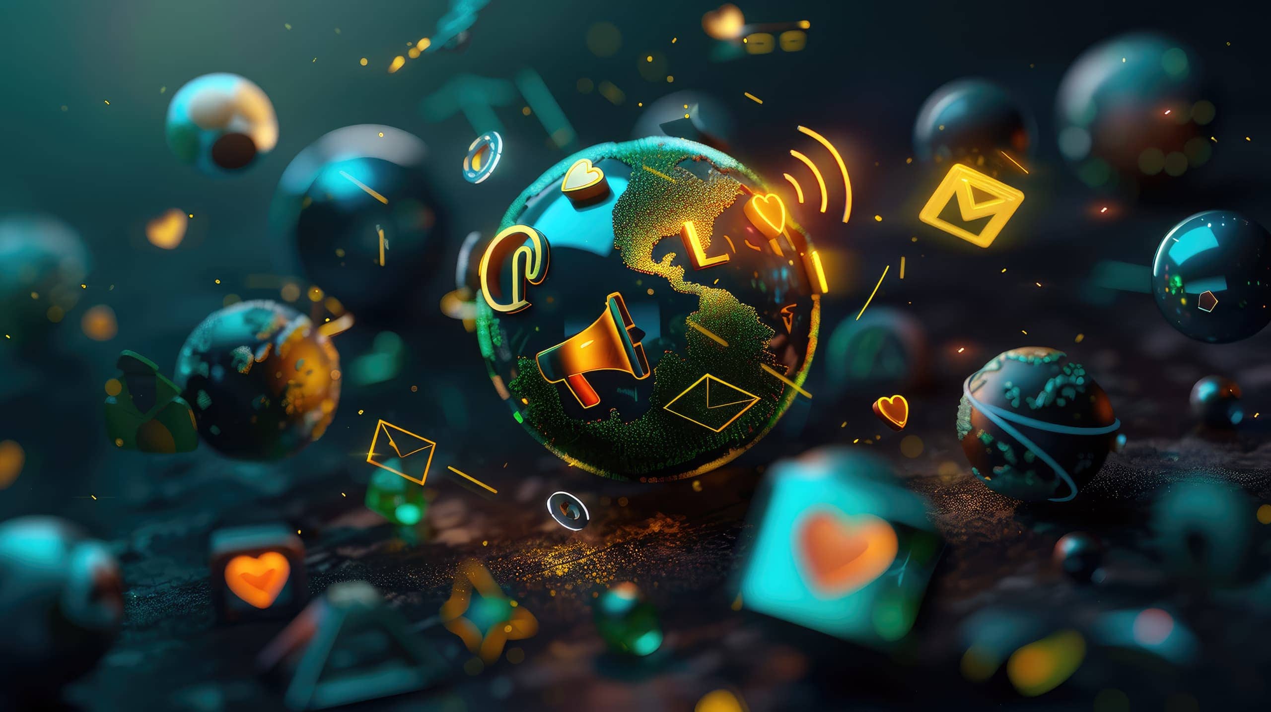 Um globo digital com ícones flutuantes de redes sociais, e-mails, megafones, e corações. No centro, a silhueta de uma ONG em ação, simbolizando a conexão entre o impacto social e o marketing digital.
