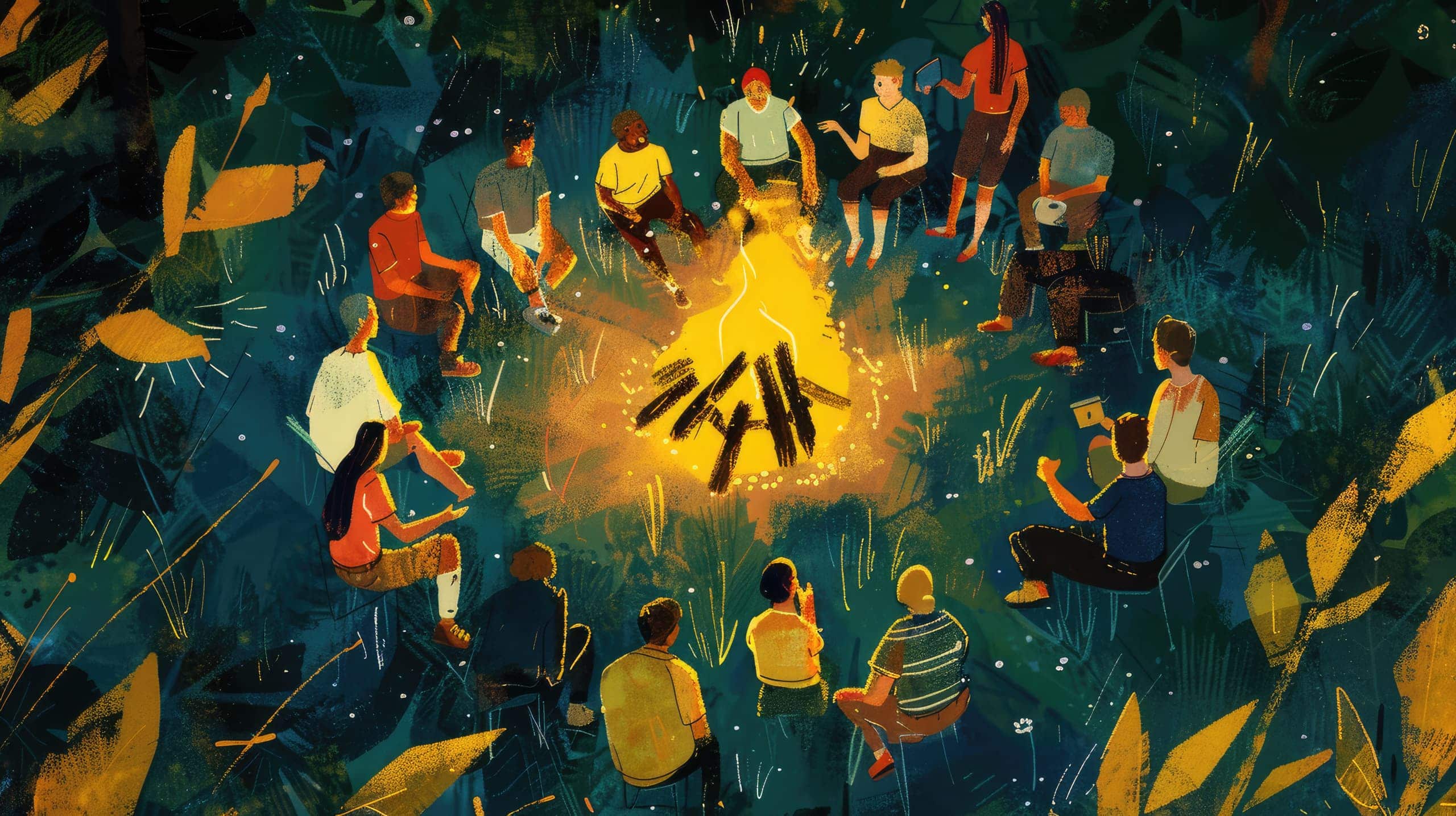 um grupo de pessoas reunidas em torno de uma fogueira, contando histórias, transmitindo a ideia do poder do storytelling em campanhas sociais para inspirar e engajar o público.