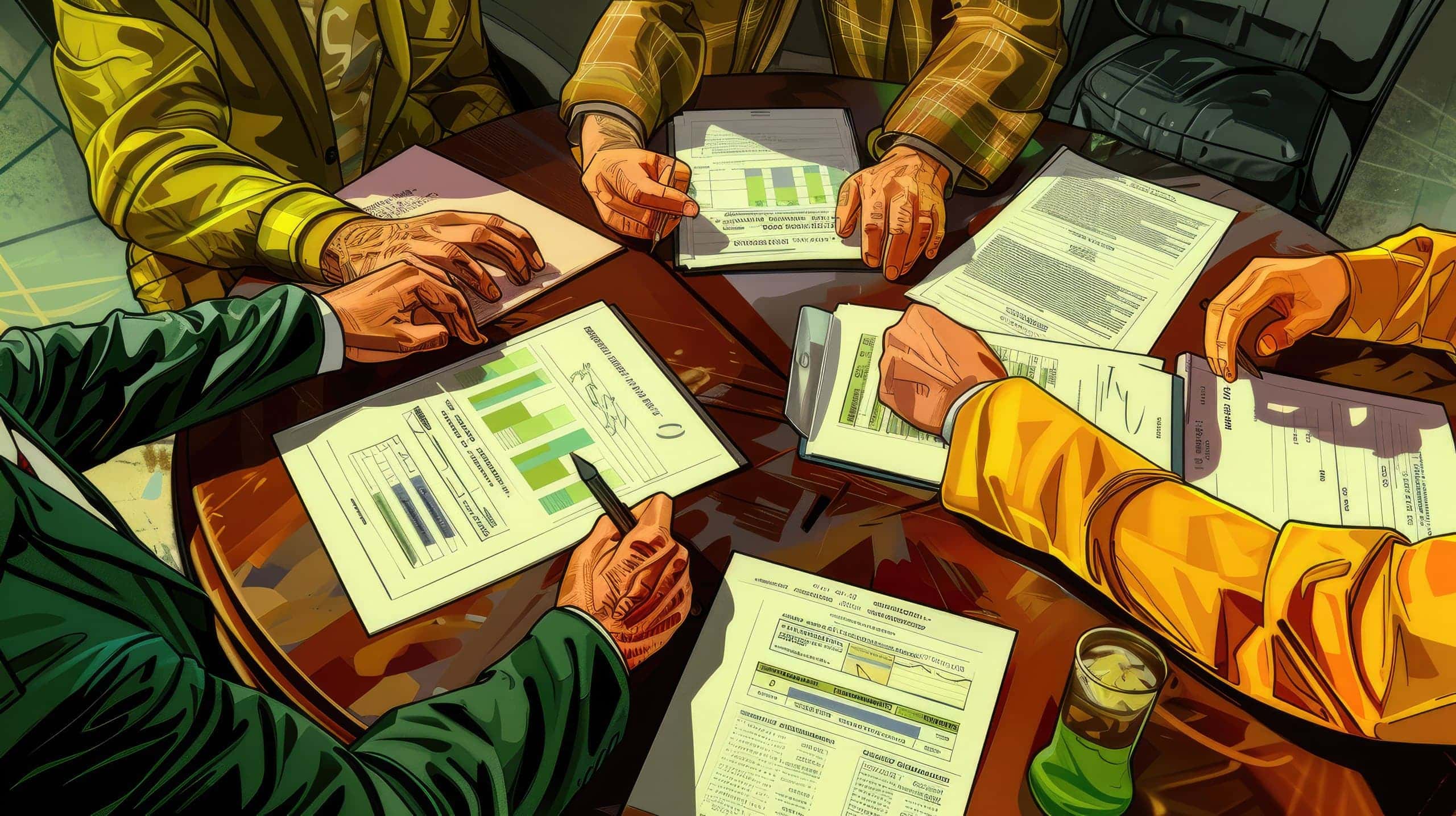 uma equipe discutindo em torno de uma mesa, com gráficos financeiros e planilhas, transmitindo a ideia de colaboração e análise detalhada do orçamento para projetos sociais.