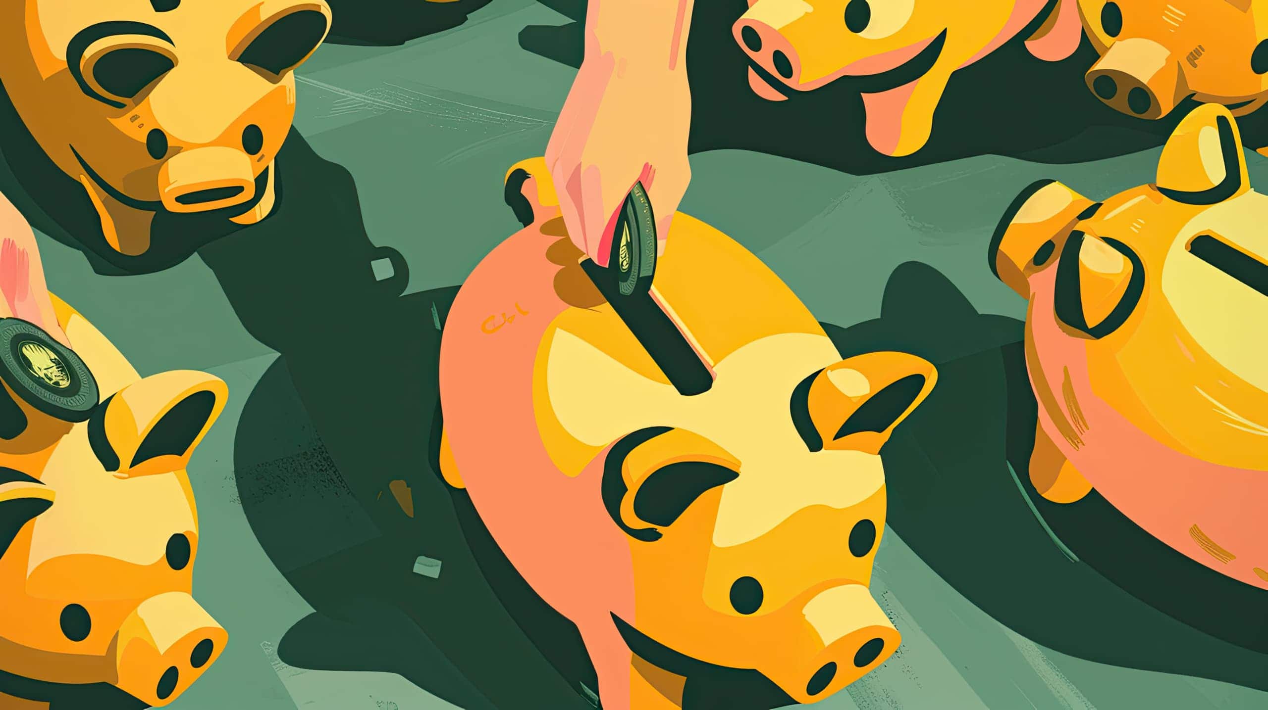 vários cofres pequenos, sendo enchidos simultaneamente. Isso representa a ideia de que a diversificação de fontes de renda contribuem para a estabilidade financeira da ONG.
