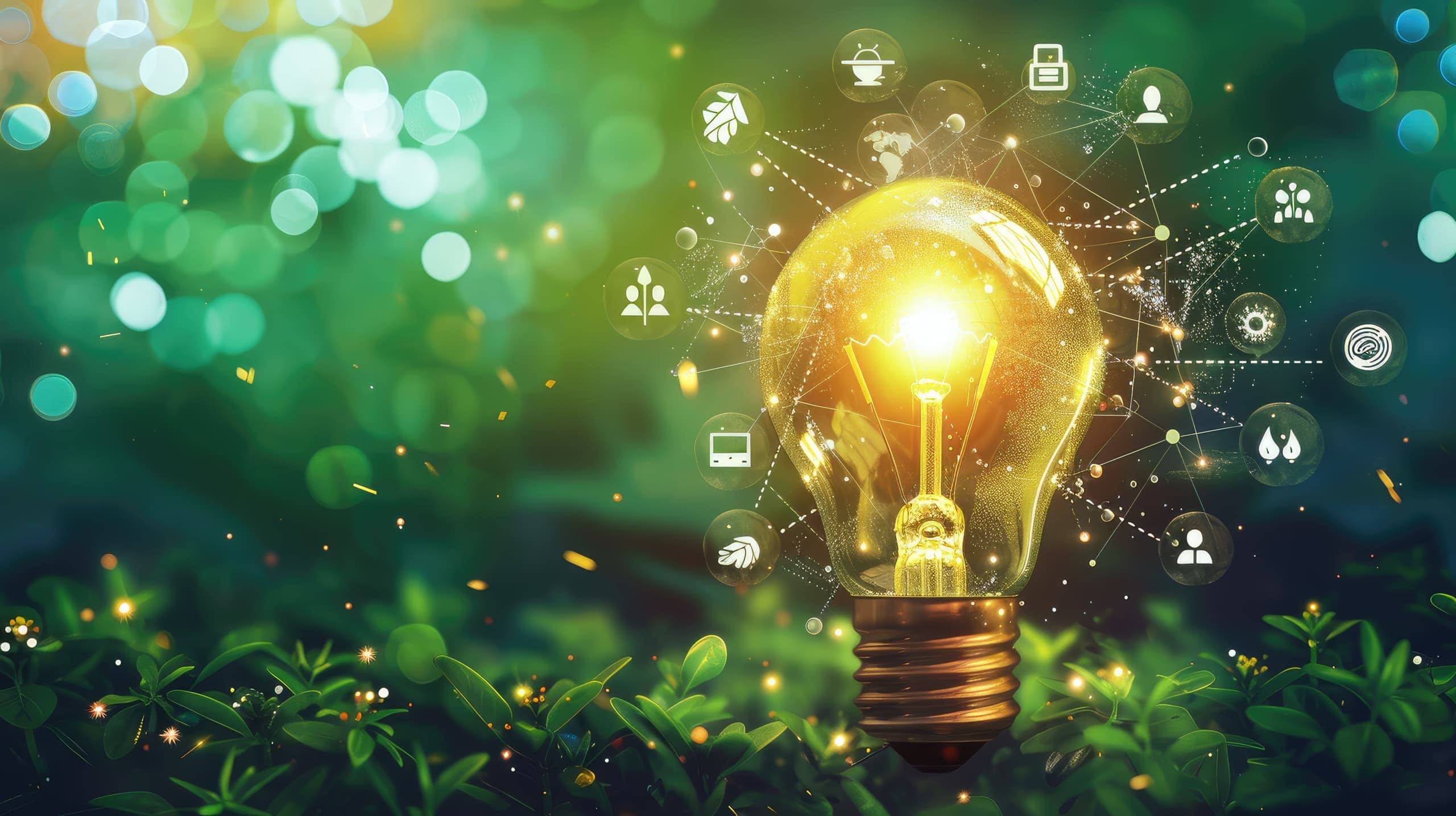 uma lâmpada acesa cercada por ícones de diferentes áreas de impacto social, como saúde, educação e meio ambiente, simbolizando ideias inovadoras e soluções criativas que trazem benefícios para diversas áreas da sociedade.