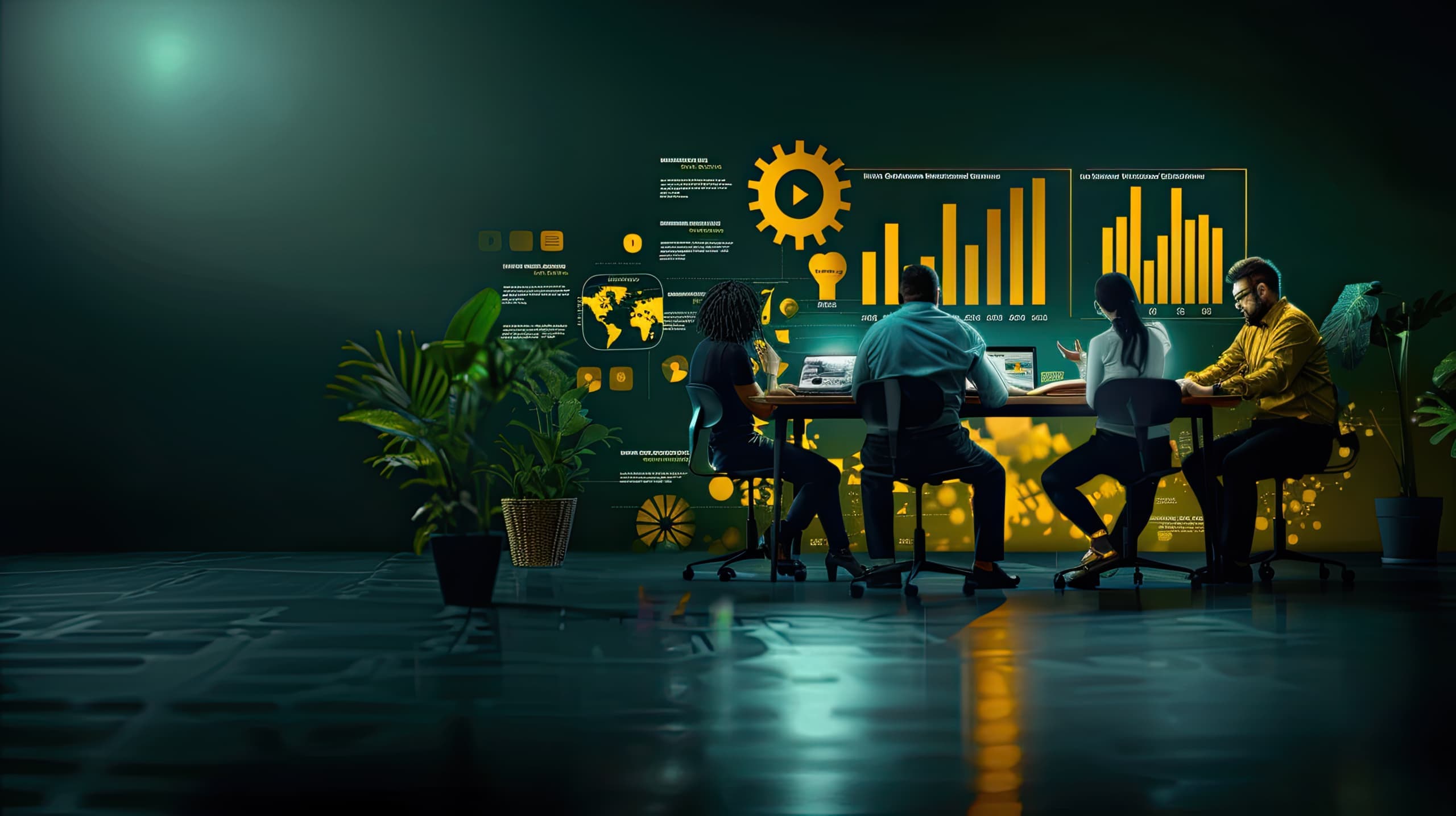 Uma mesa de conferência com líderes de ONGs analisando um painel digital interativo, onde gráficos e infográficos mostram tendências financeiras como fintechs sociais, crowdfunding, criptomoedas para doações e investimentos de impacto.