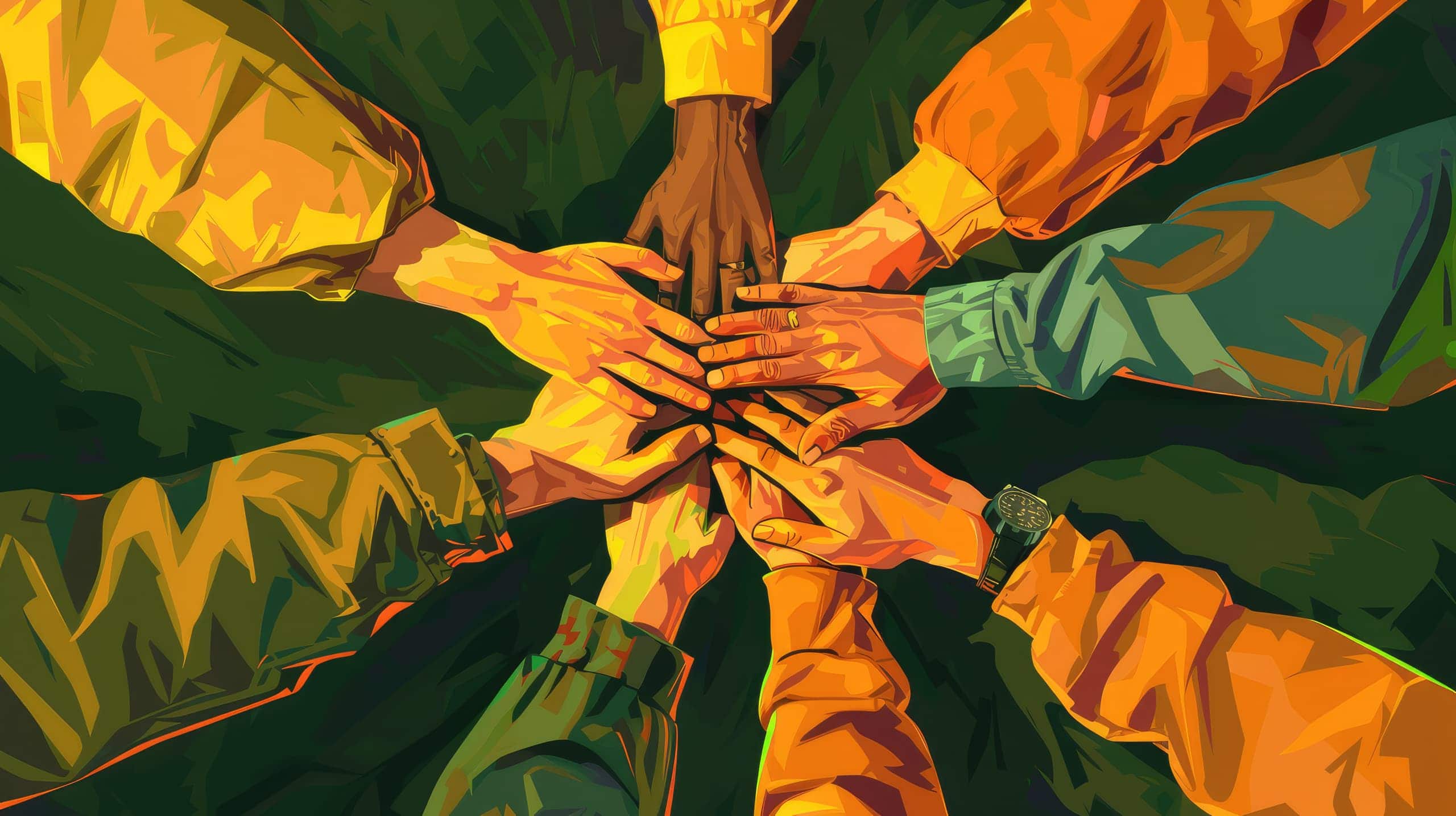 mãos de diferentes pessoas se unindo no centro da imagem, simbolizando união e trabalho em equipe, representando a colaboração e comunicação em projetos sociais.