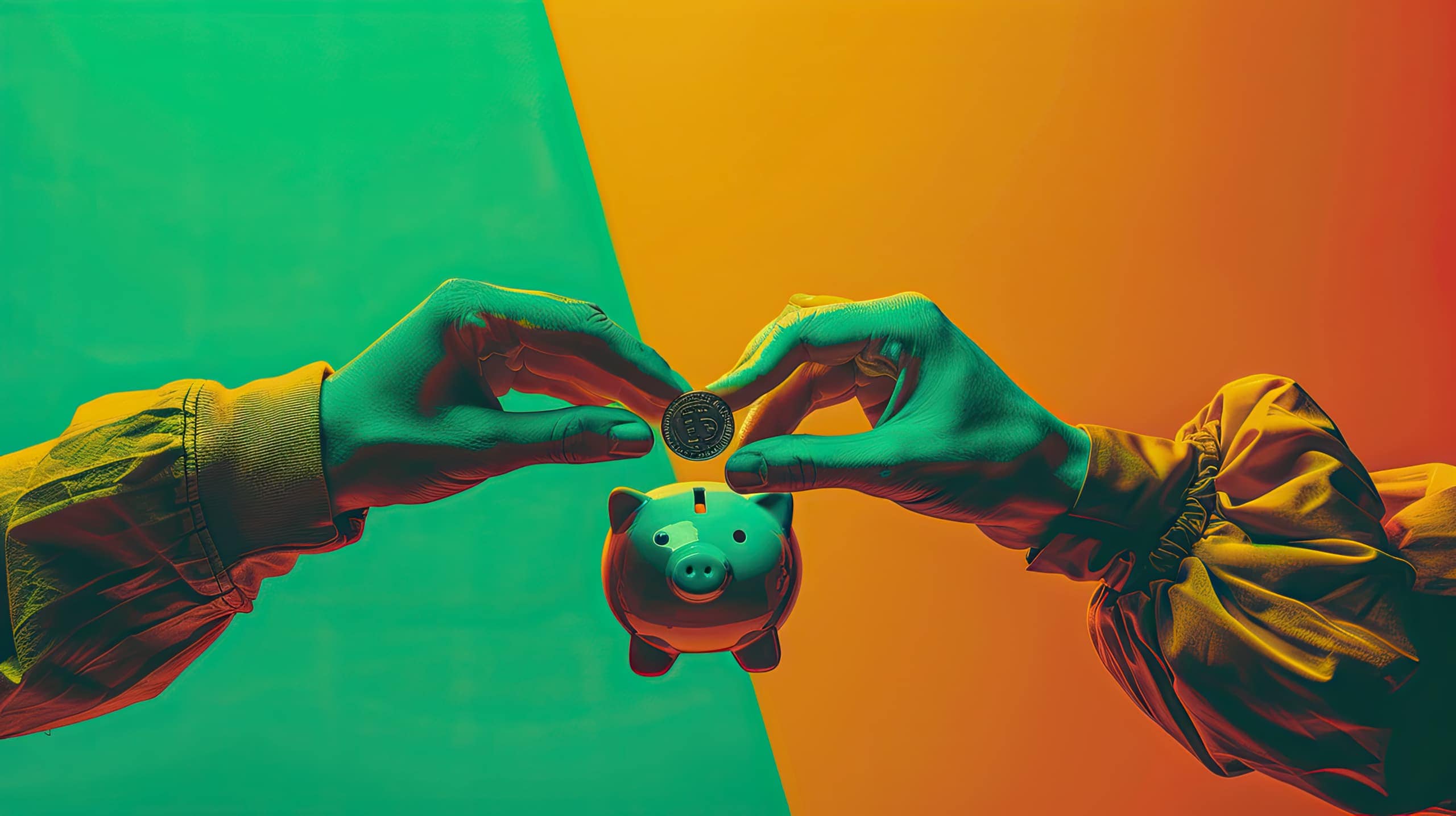 duas mãos diferentes segurando moedas que estão sendo colocadas juntas em um cofrinho. Isso simboliza a ideia de matching gifts, onde as doações são igualadas para aumentar o impacto financeiro para a ONG.