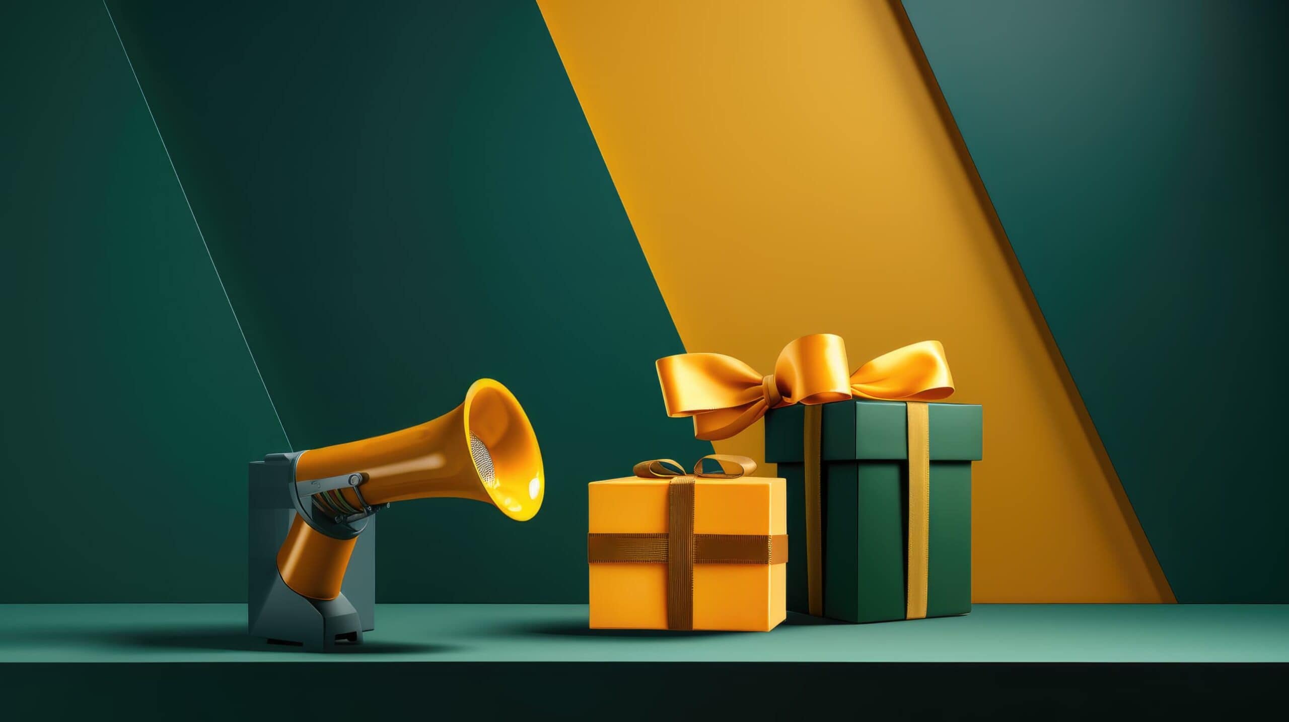 um megafone e recompensas em caixas de presentes